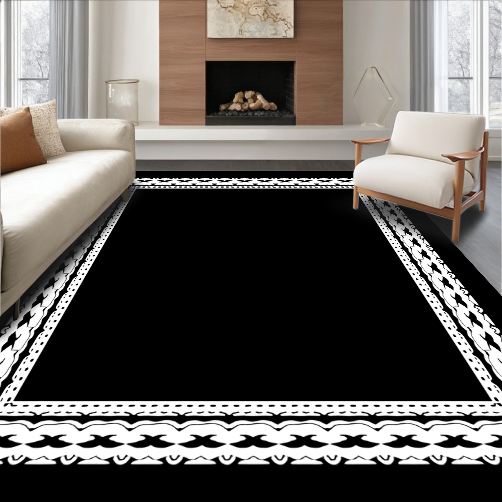 White Geometric Edged Frame Rug