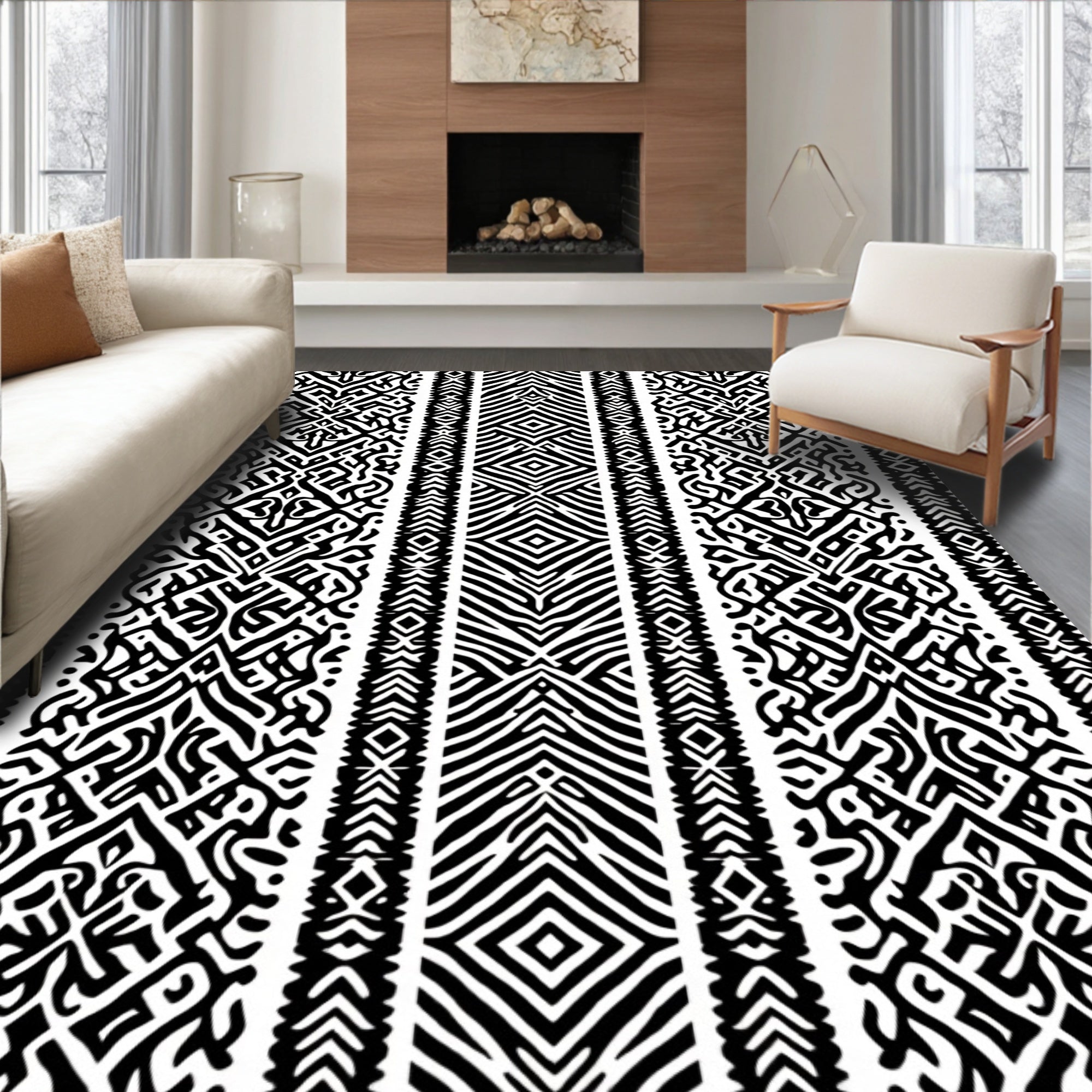 Tribal Black White Geometric Pattern Rug
