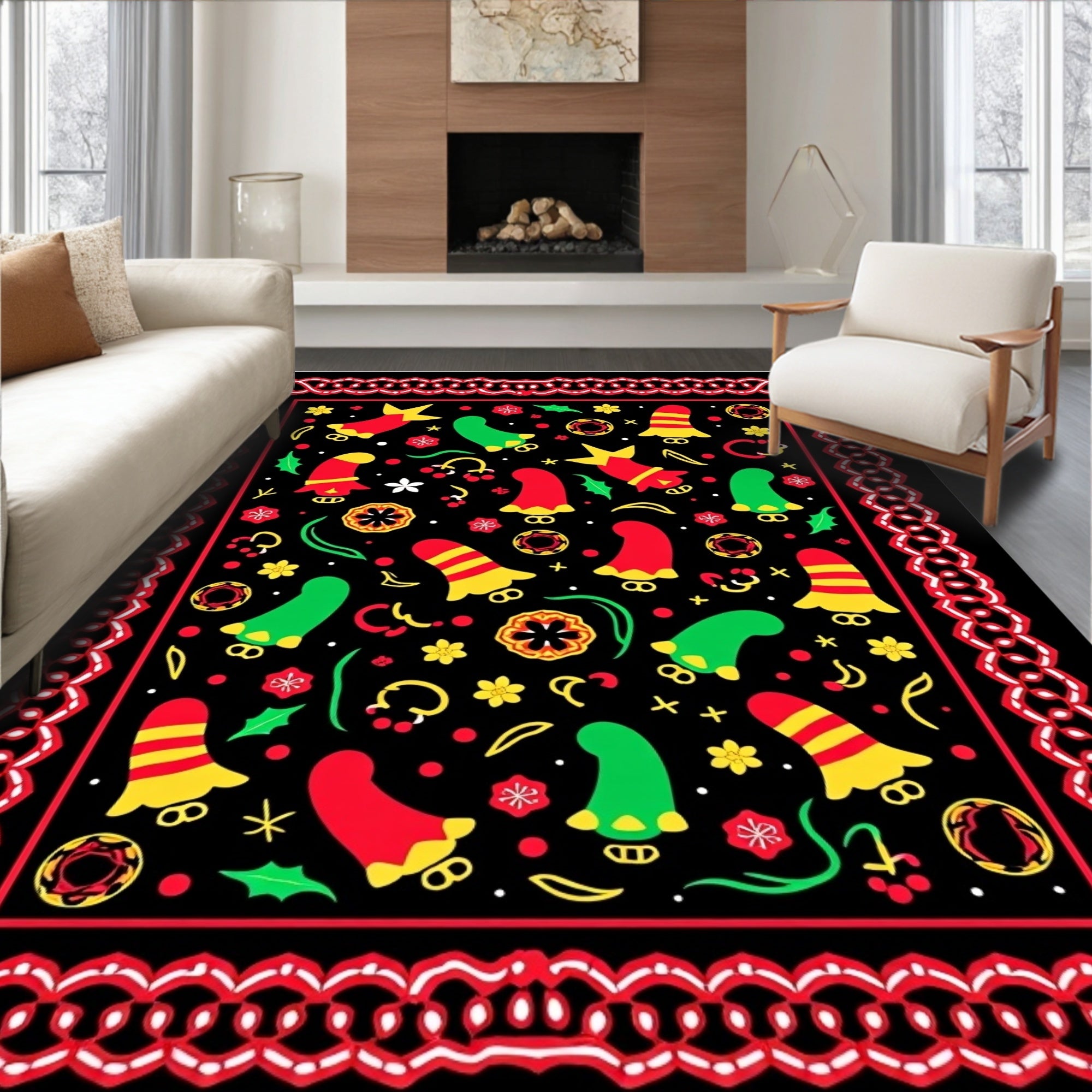 Whimsical Red Green Yellow Sock Collage Rug