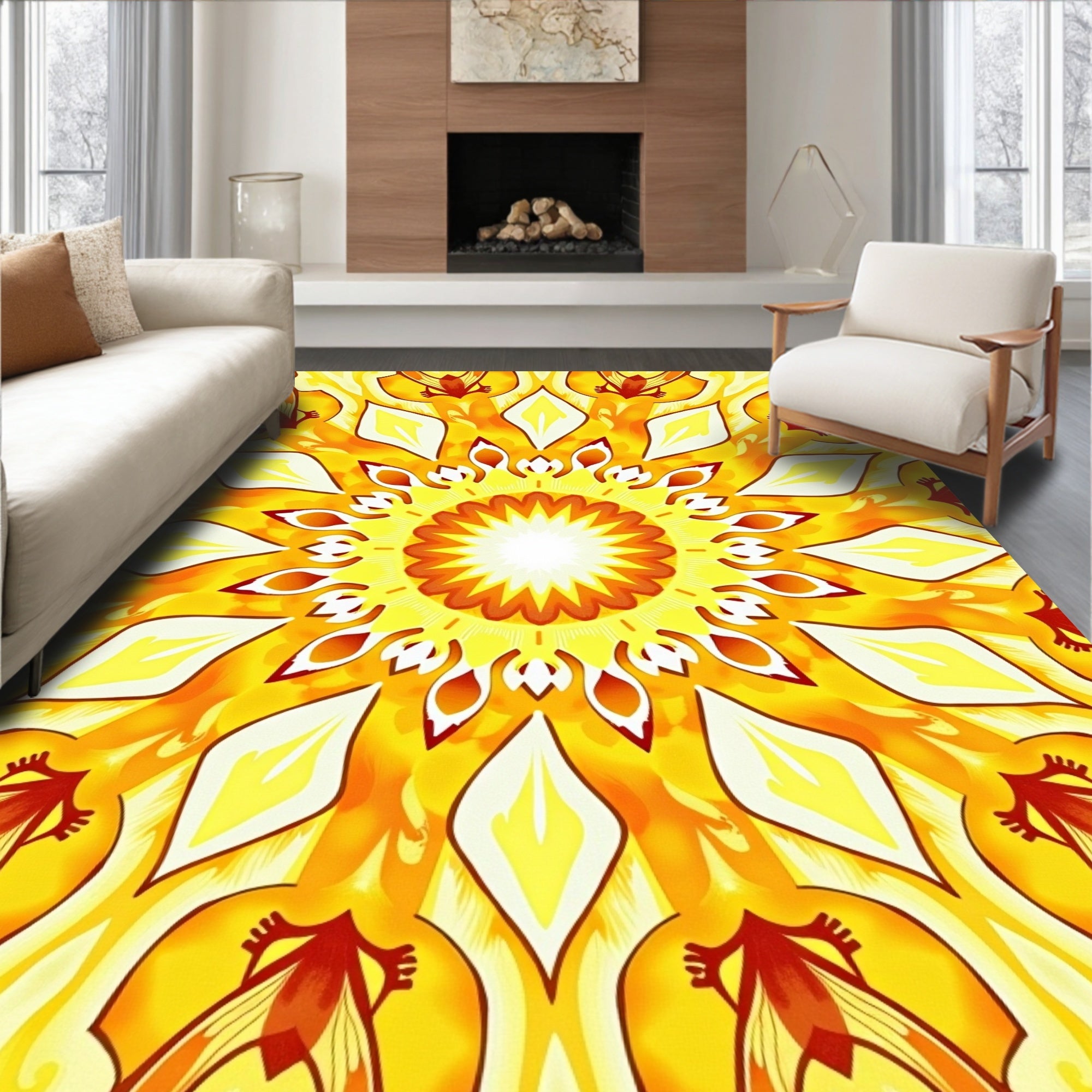 Radiant Yellow Sunburst Mandala Design Rug