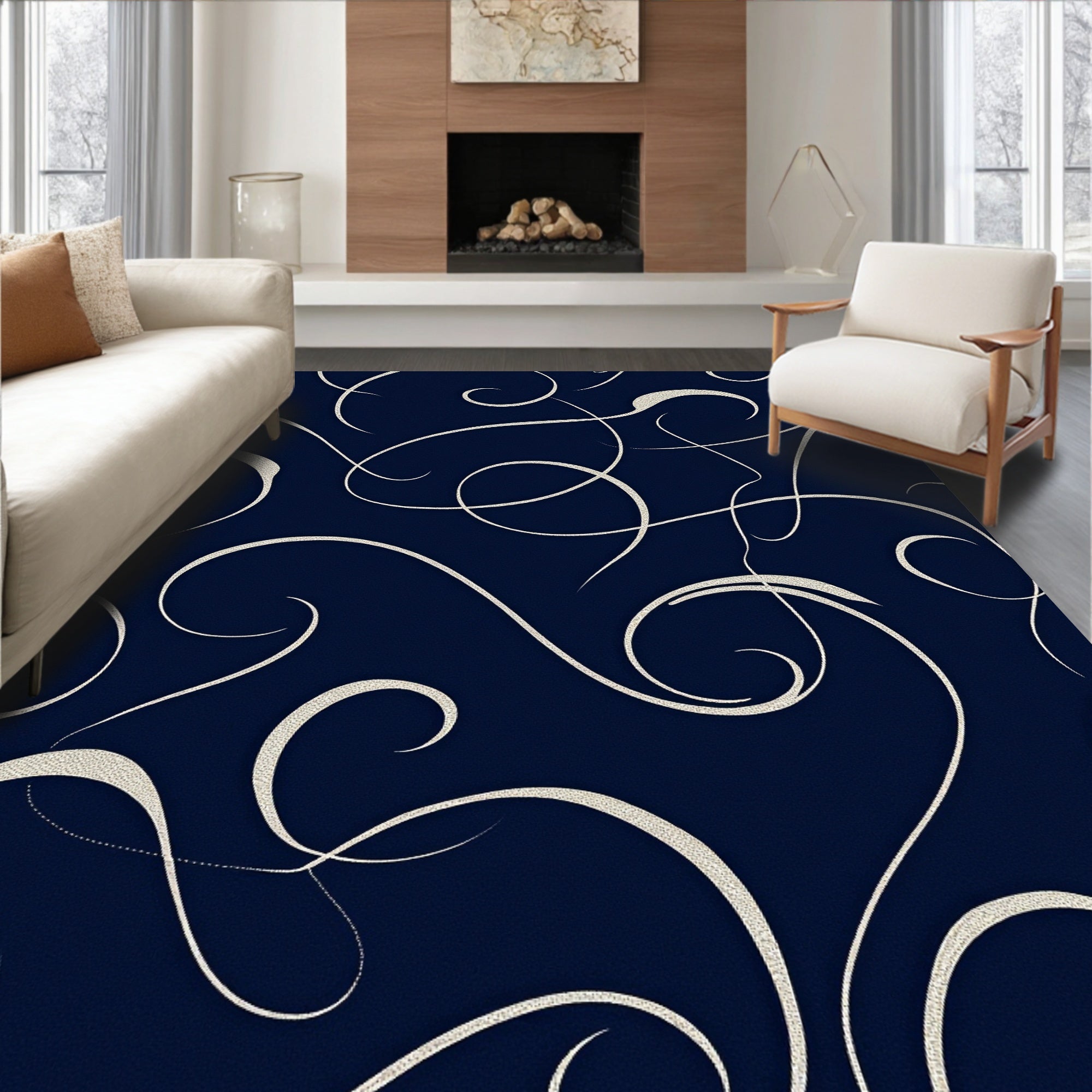 Elegant Swirl Pattern Navy Rug