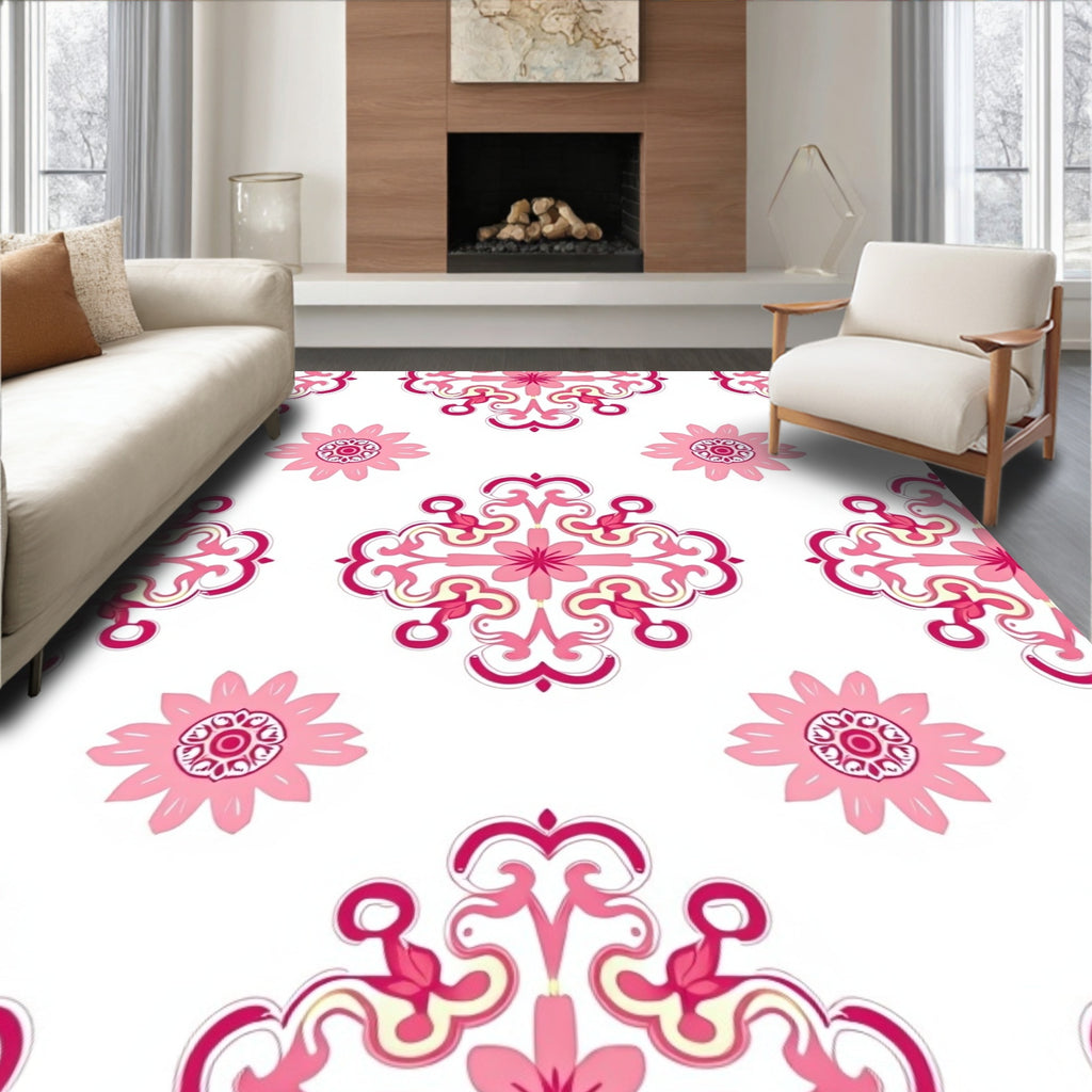 Pink Floral Scrollwork Baroque Pattern Rug