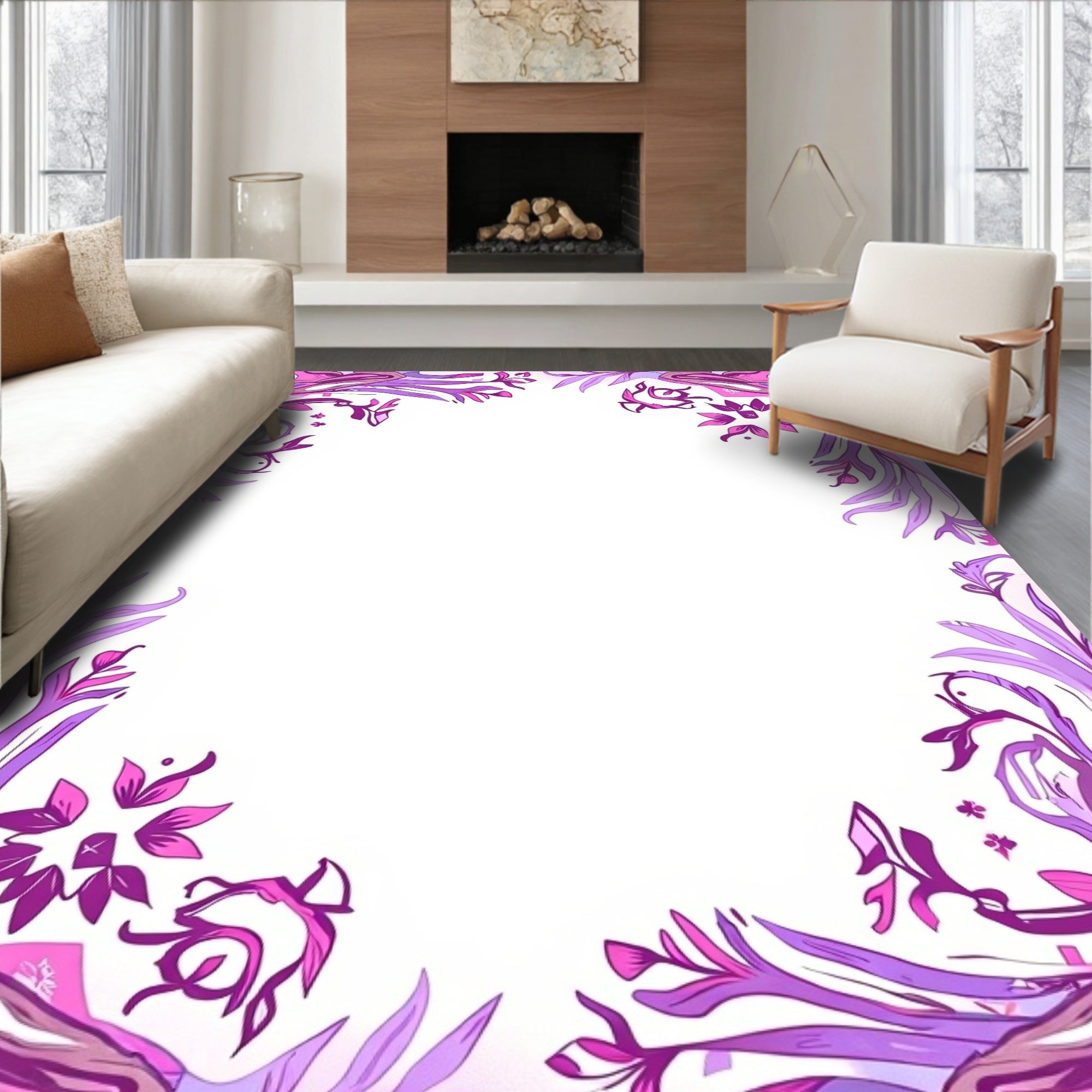 Abstract Floral Pink Purple Border Rug