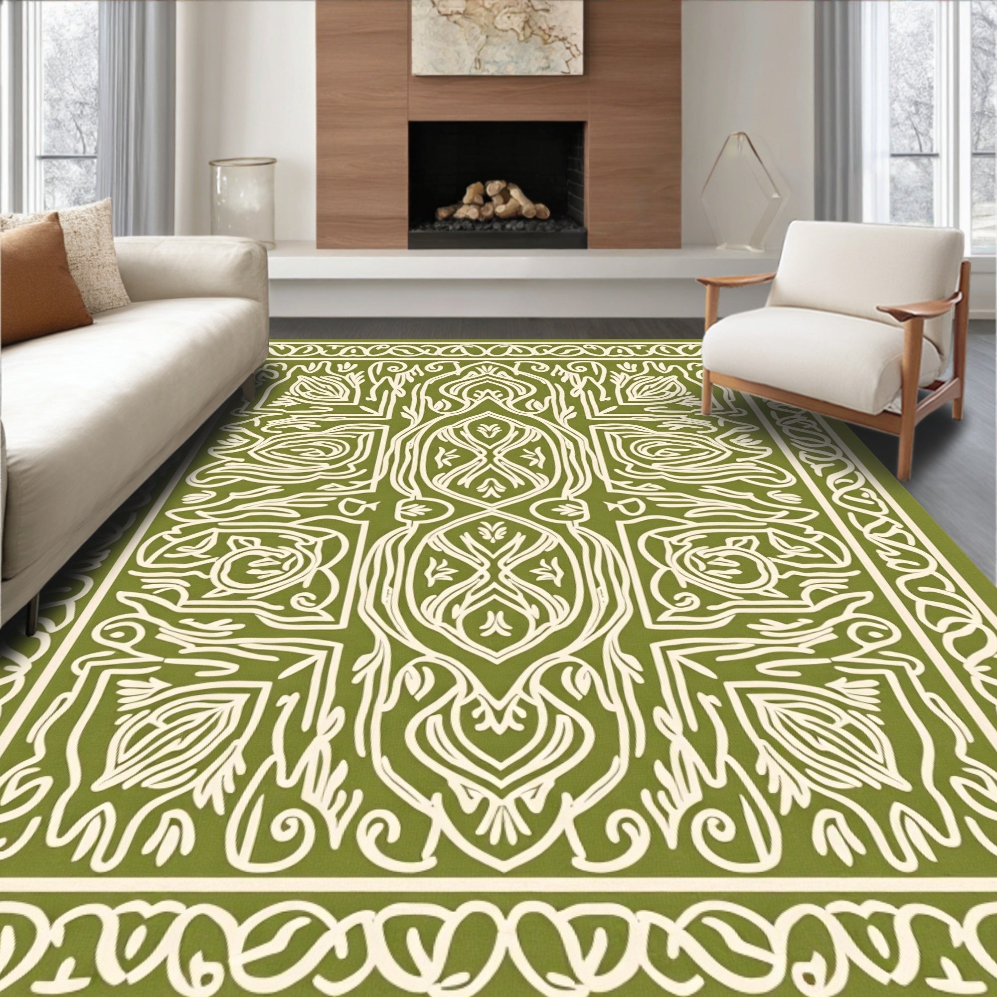 Ornate Line Art Leaf Pattern Rug