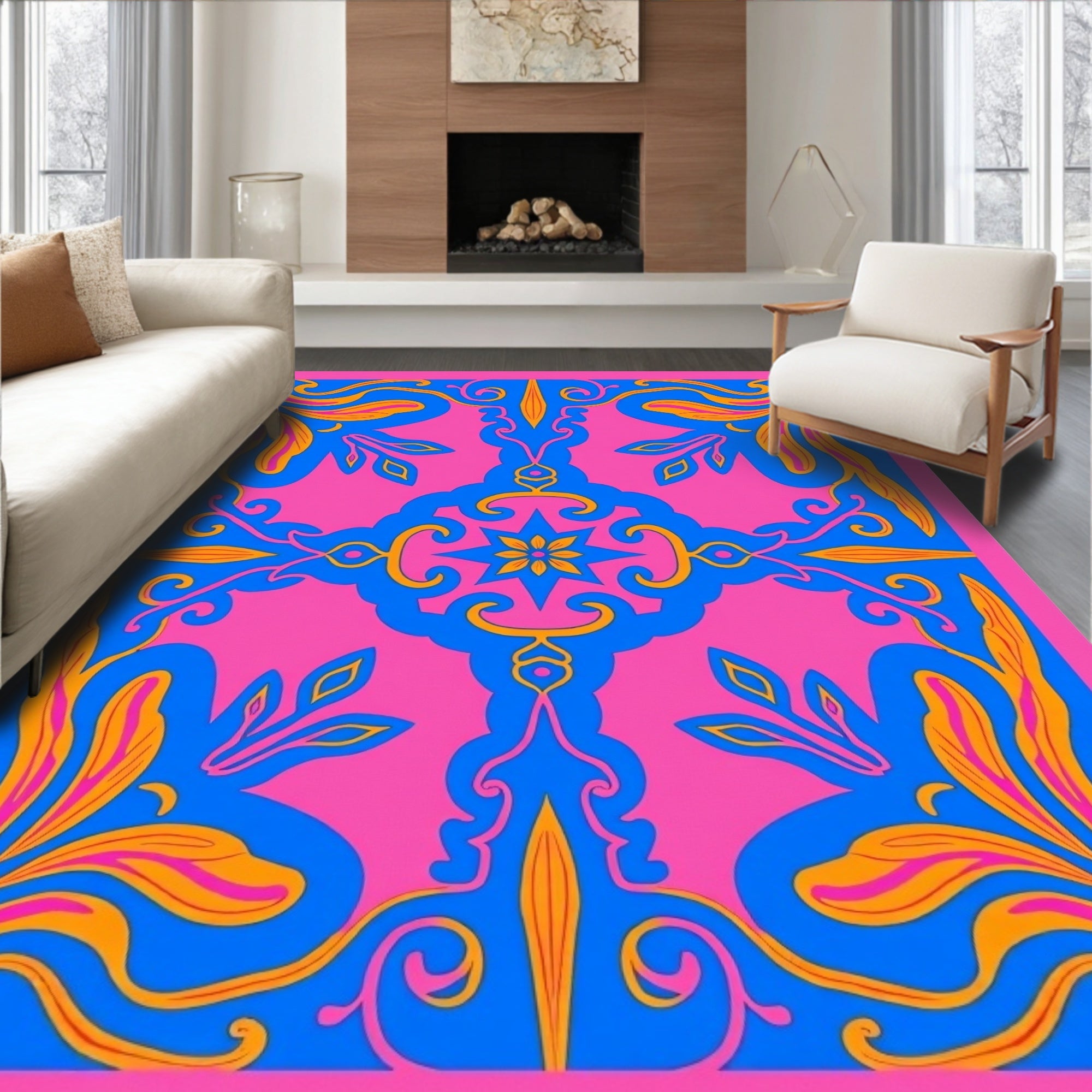 Vibrant Pink Blue Floral Swirl Rug