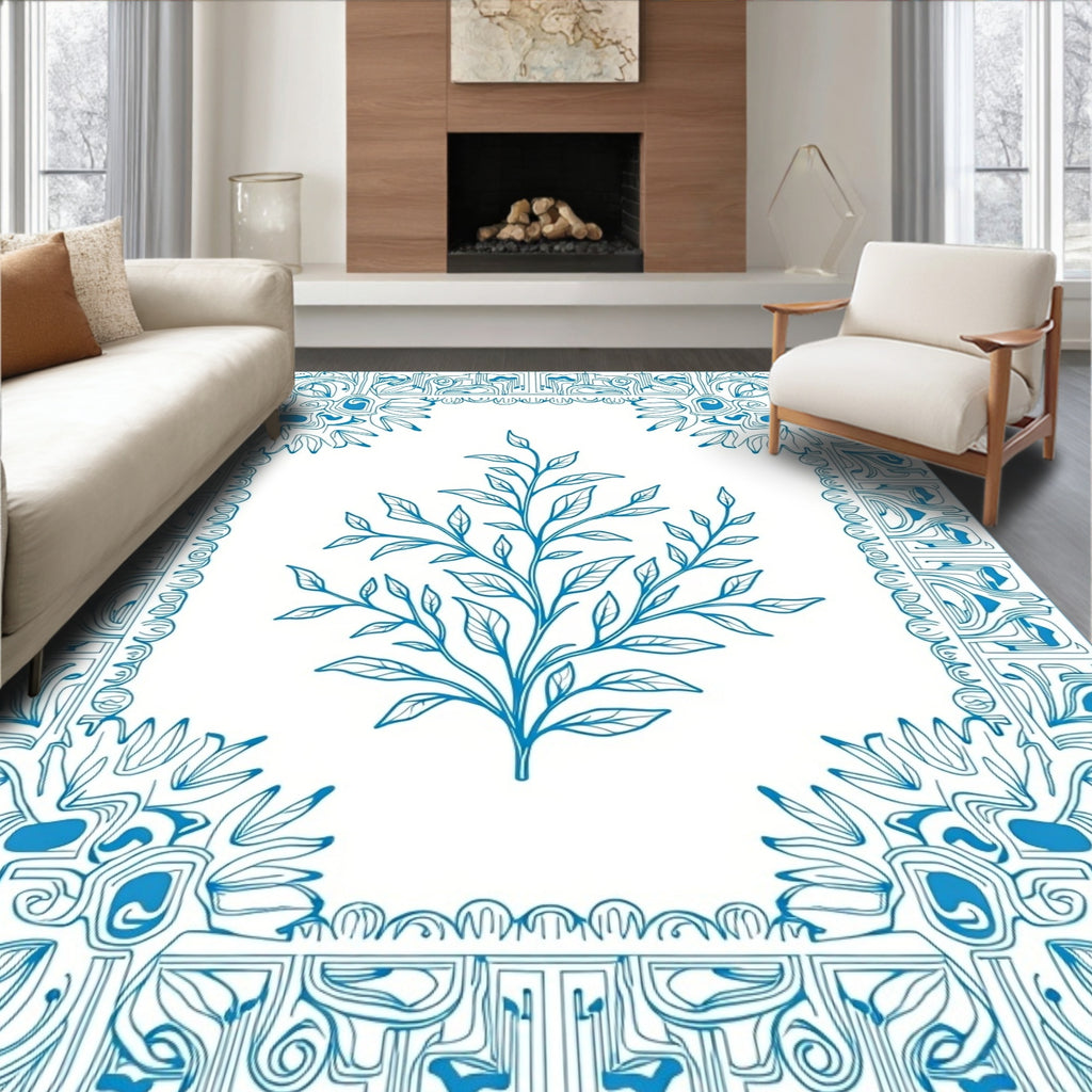 Leafy Branch Blue Decorative Border Design Rug