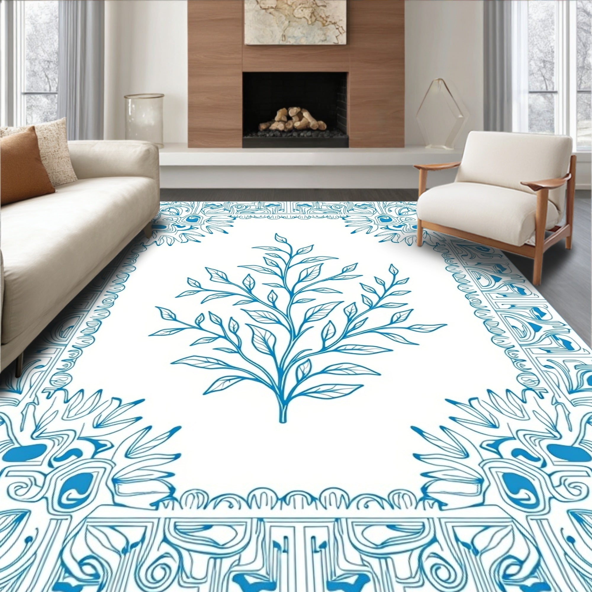Leafy Branch Blue Decorative Border Design Rug