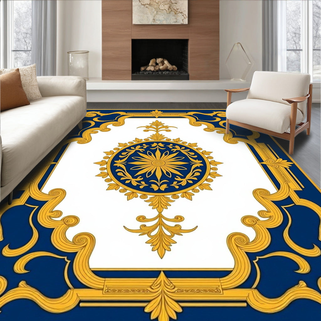 Elegant Blue Gold Ornate Medallion Rug