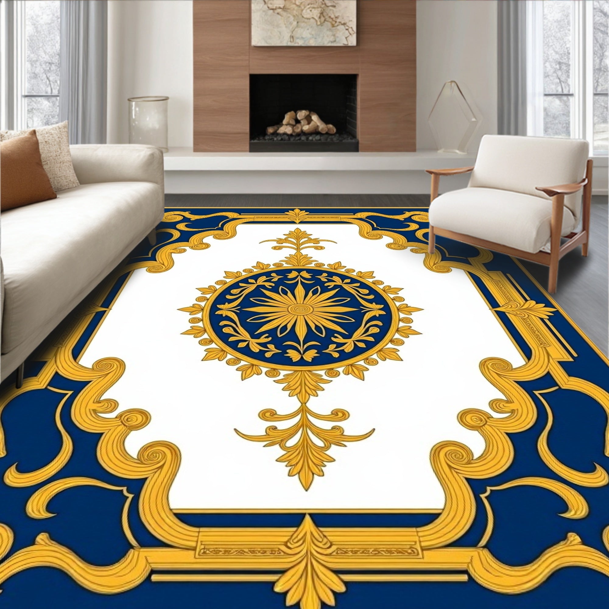 Elegant Blue Gold Ornate Medallion Rug