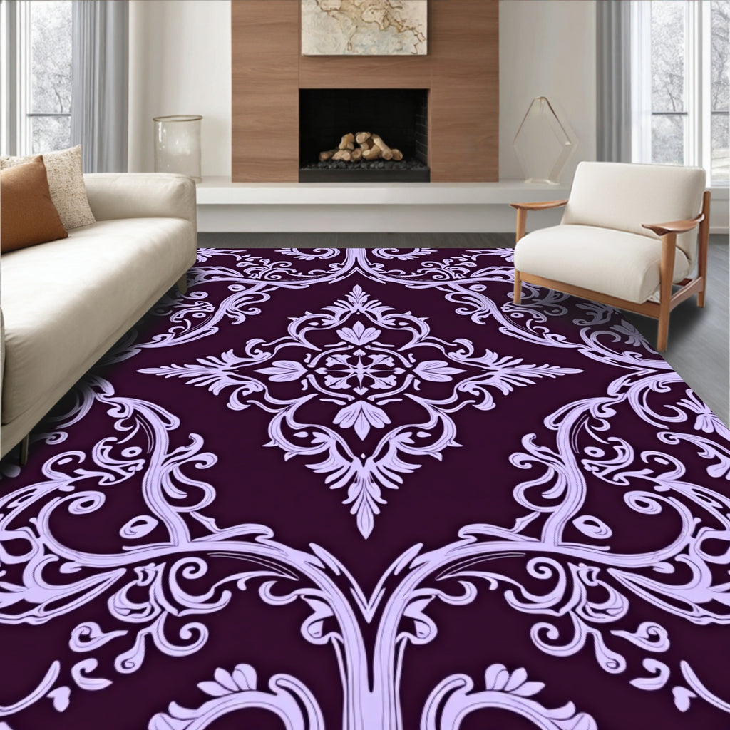 Regal Plum Orchid Damask Pattern Rug