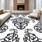 Elegant Floral Scroll Black White Design Rug
