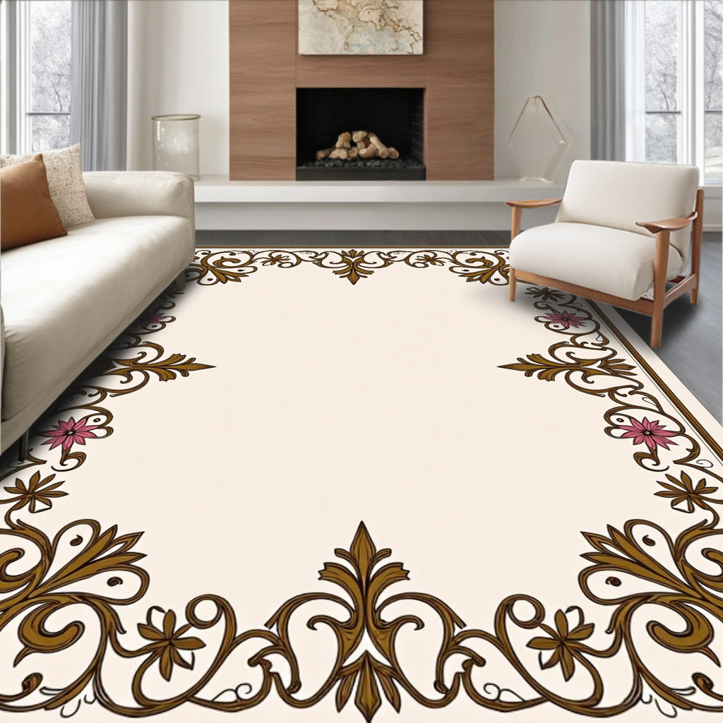 Intricate Floral Scroll Border Design Rug