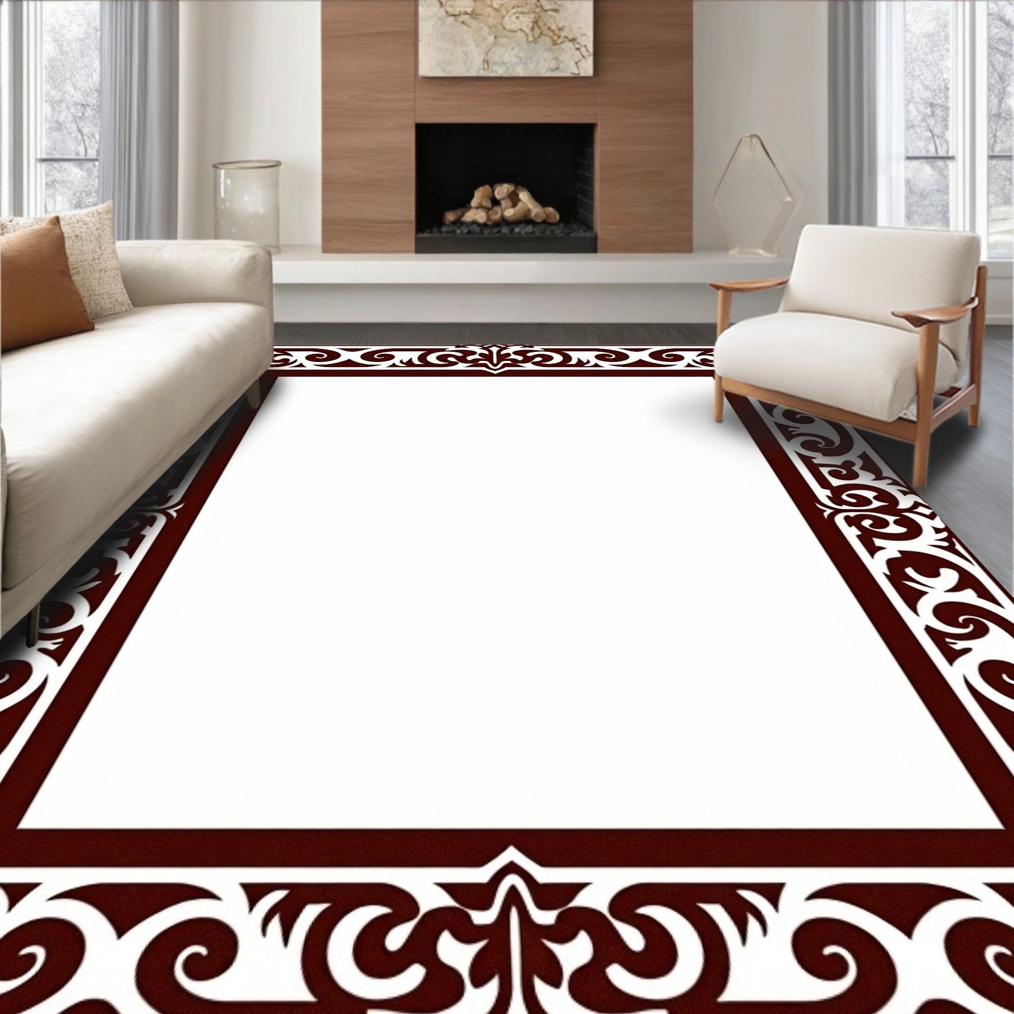 Intricate Brown Tonal Filigree Border Design Rug