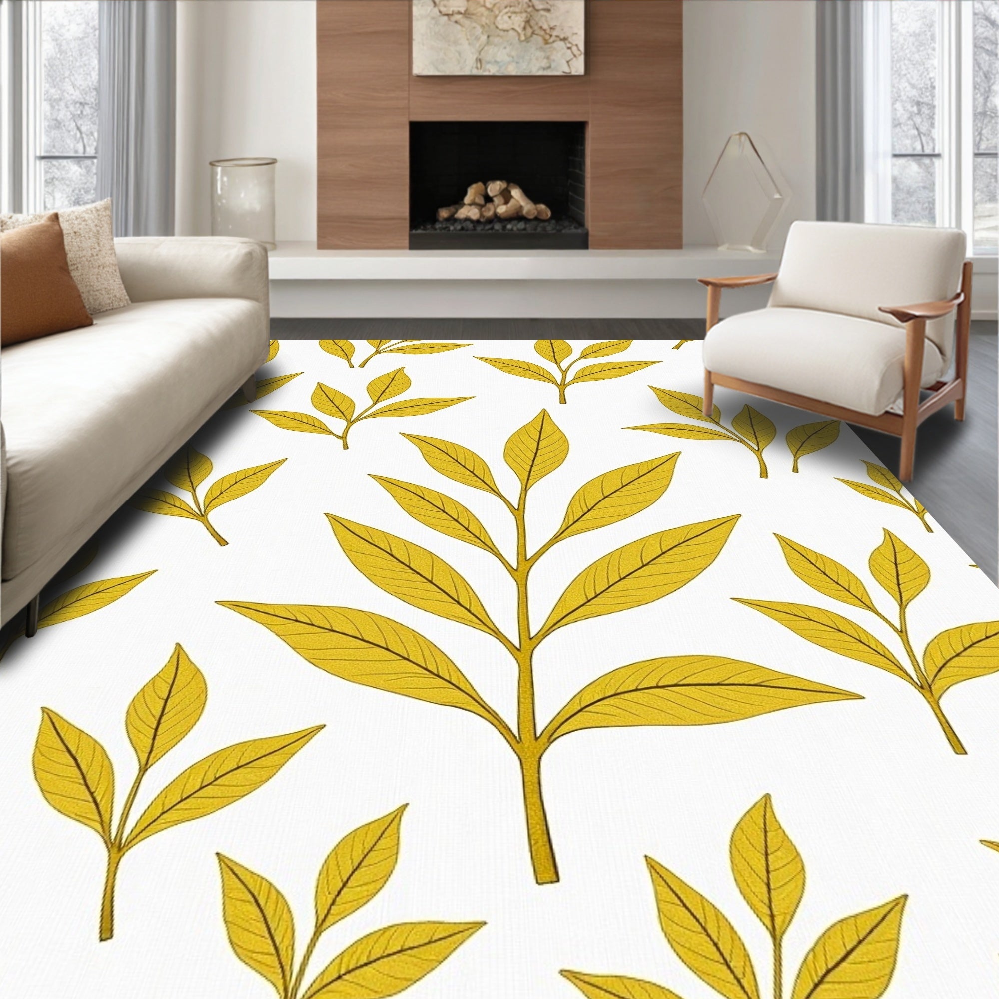 Golden Leaf Botanical Pattern Rug