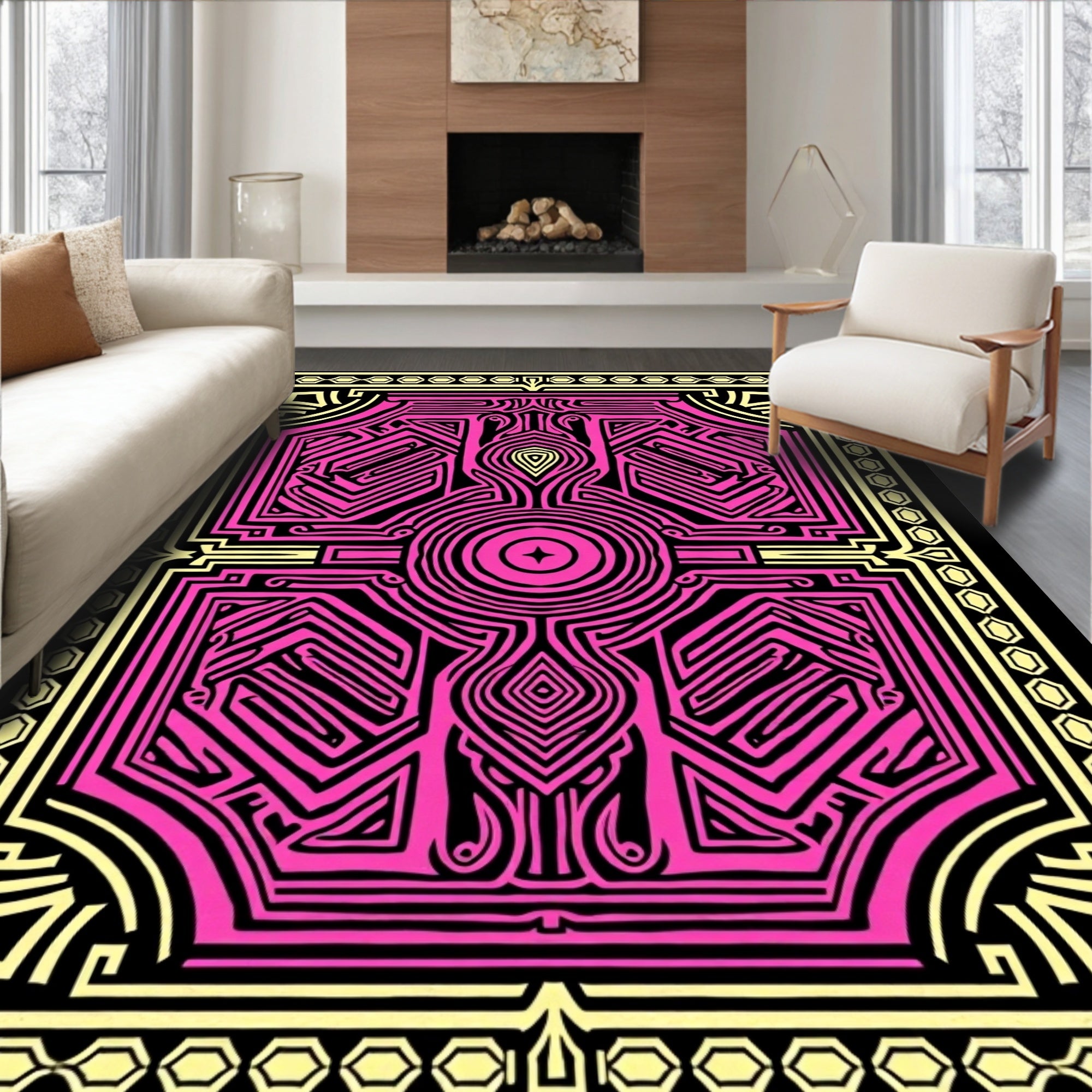 Vibrant Neon Pink Geometric Maze Rug
