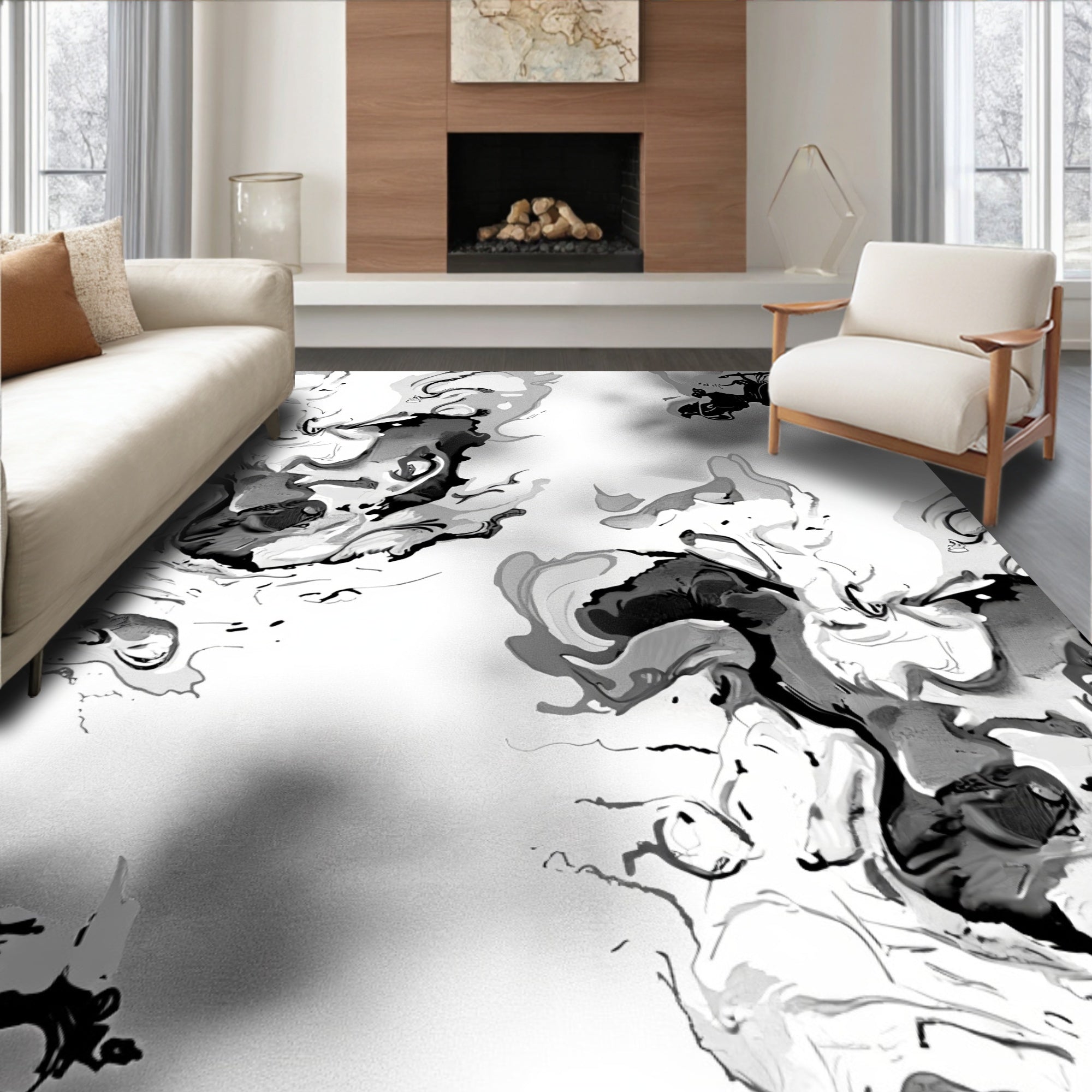 Abstract Black White Swirl Pattern Rug