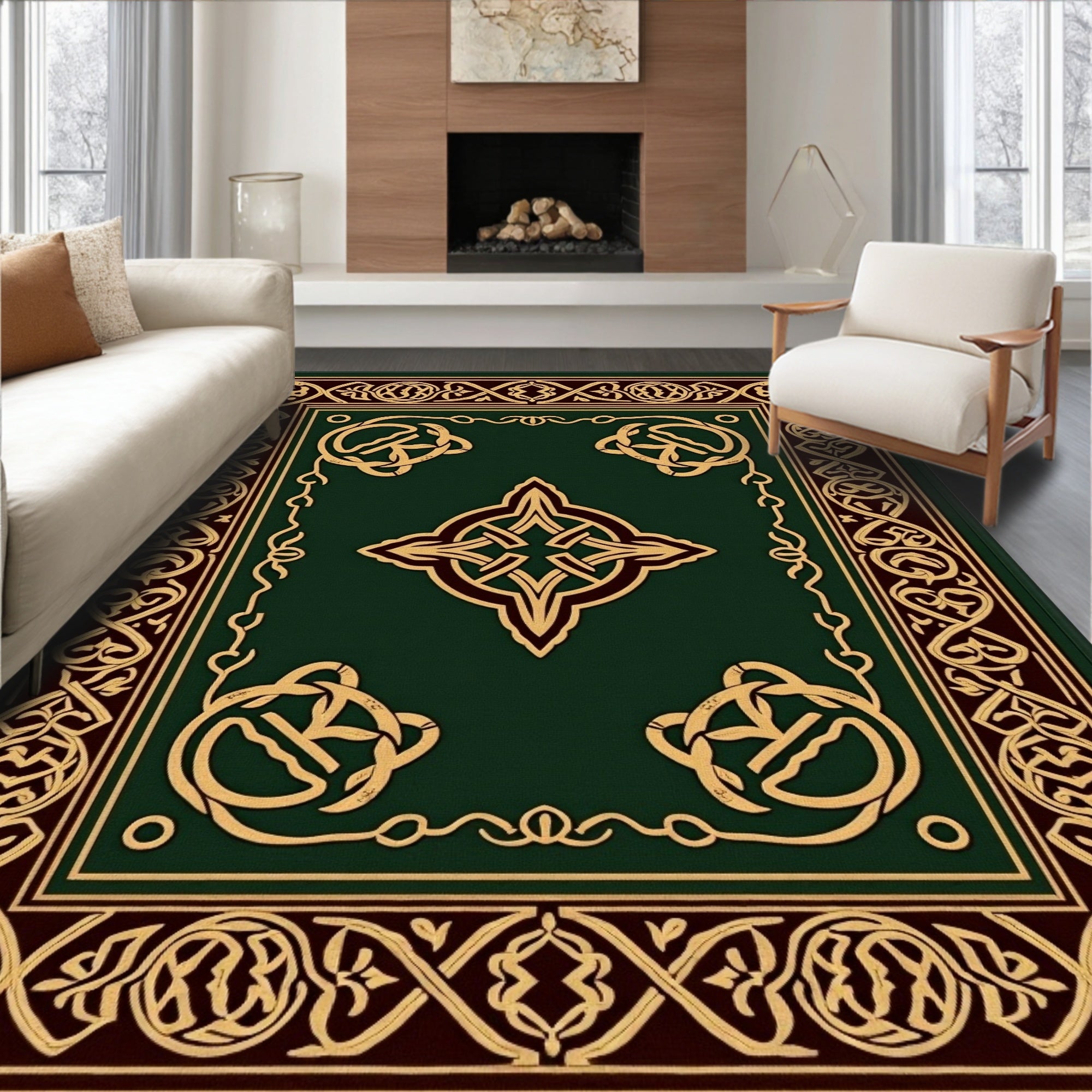 Intricate Gold Celtic Knot Green Rug