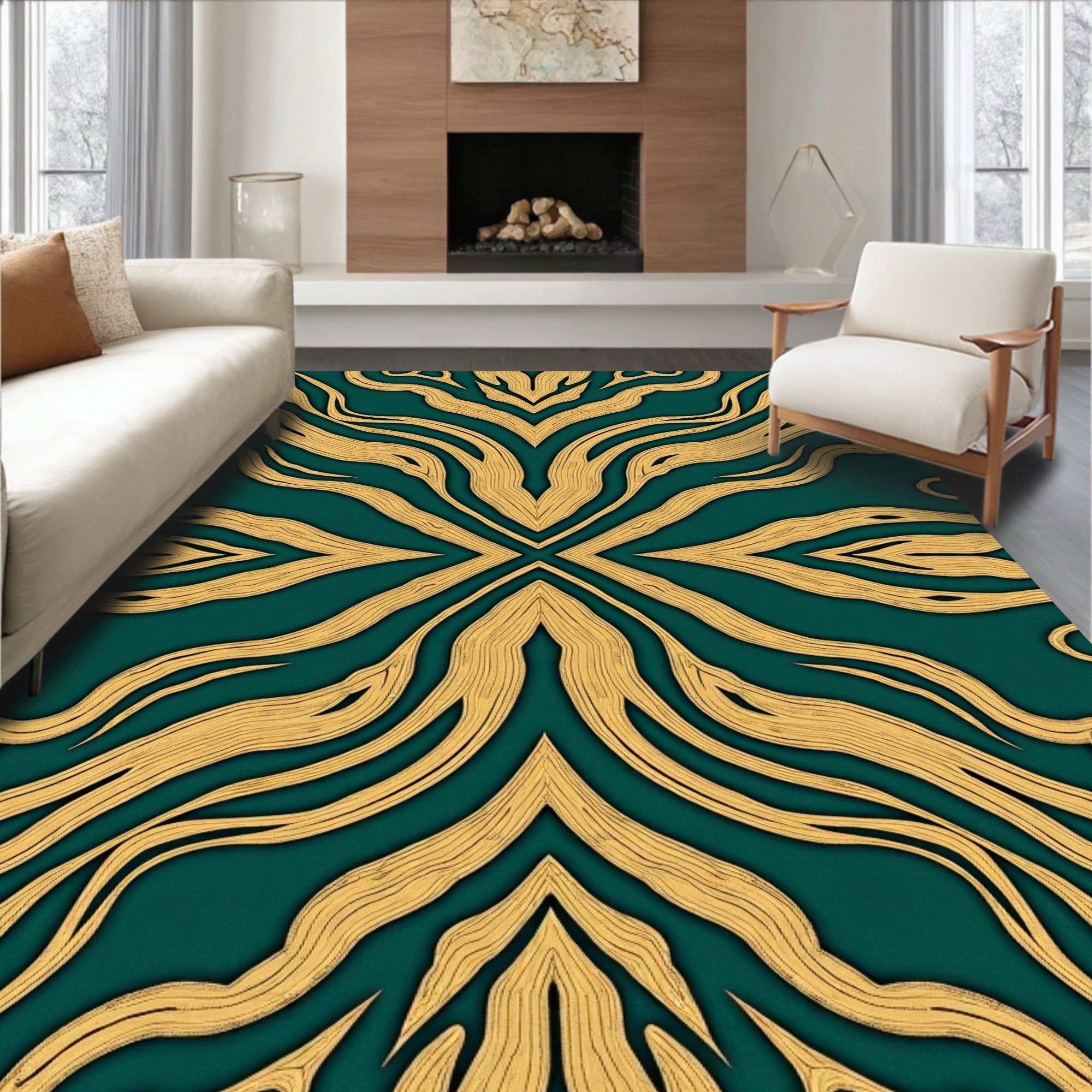 Ornate Teal Gold Abstract Pattern Rug