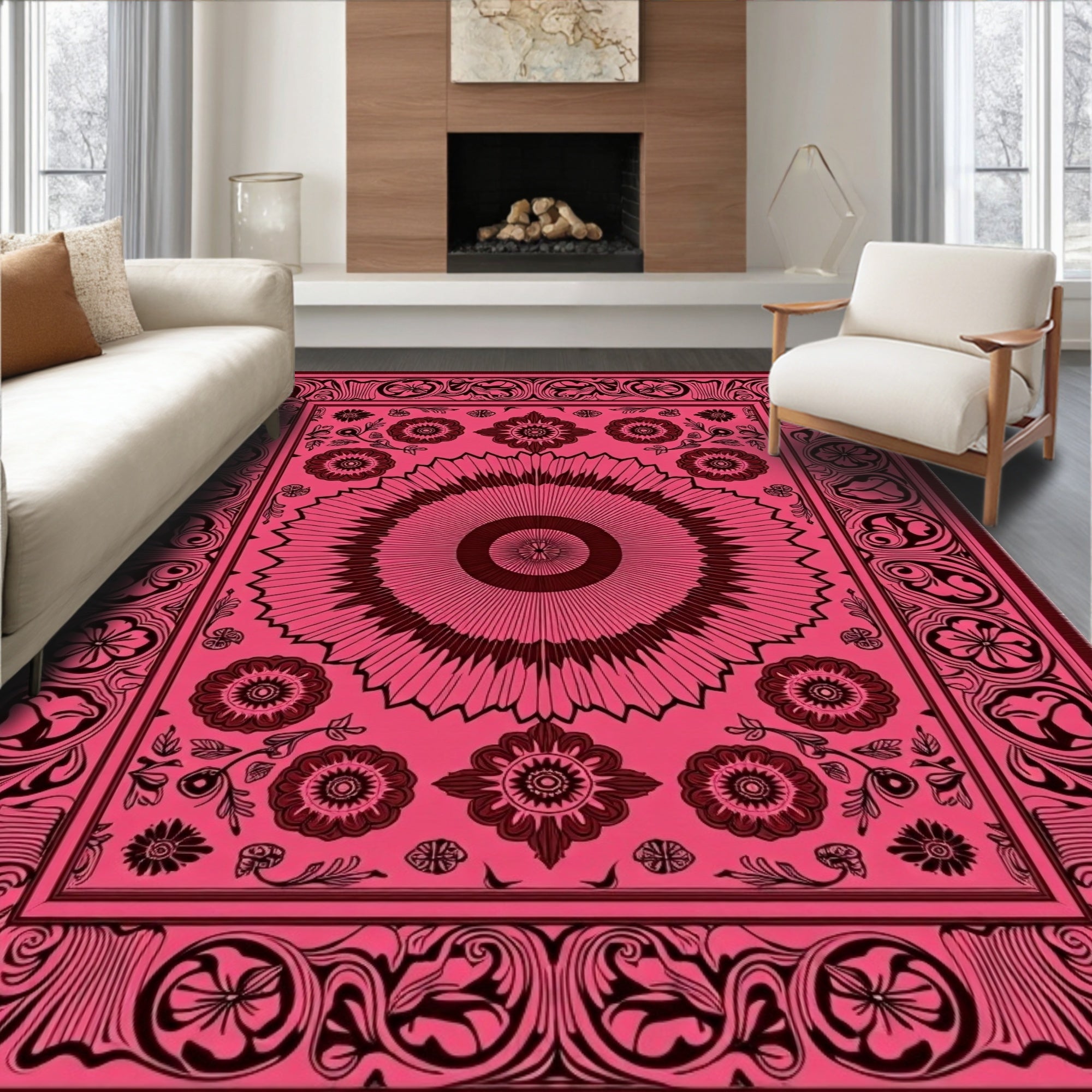 Pink Floral Medallion Border Art Rug