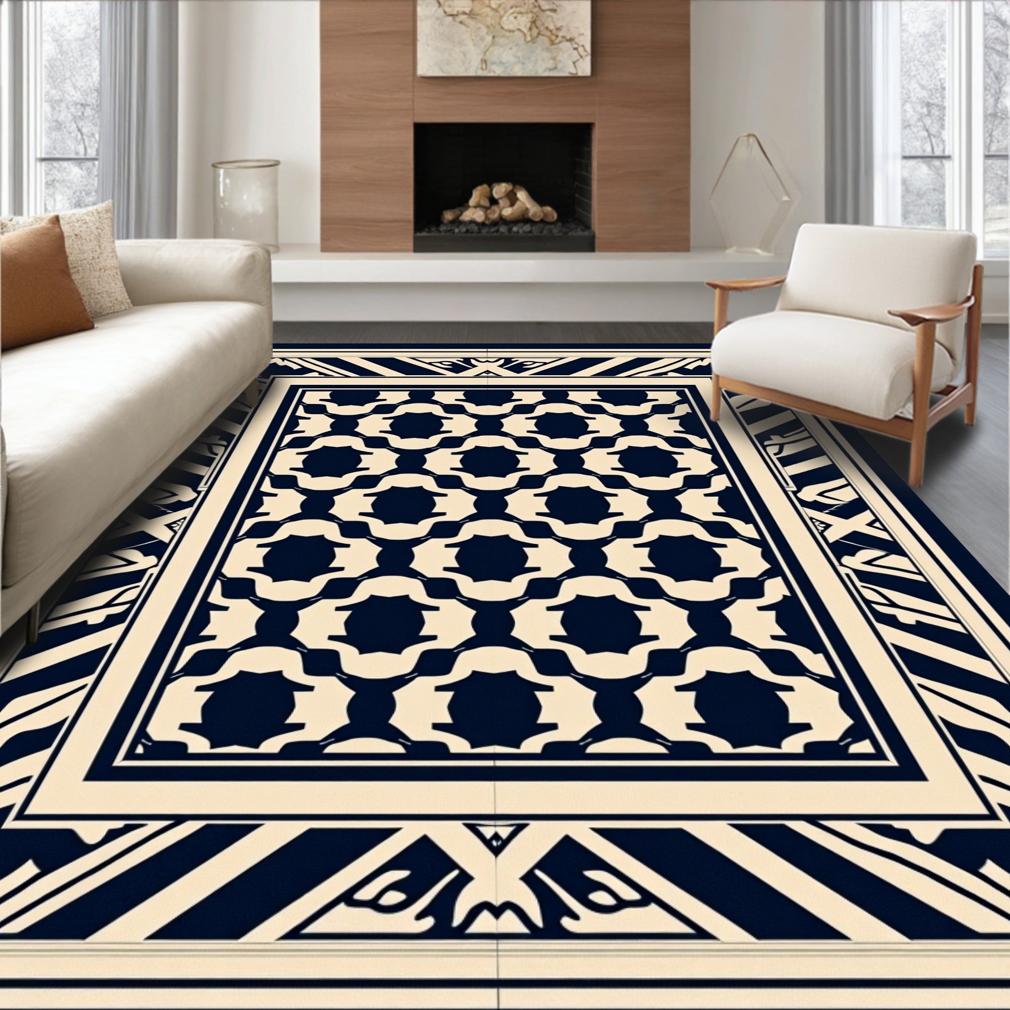 Dark Navy Cream Geometric Pattern Rug