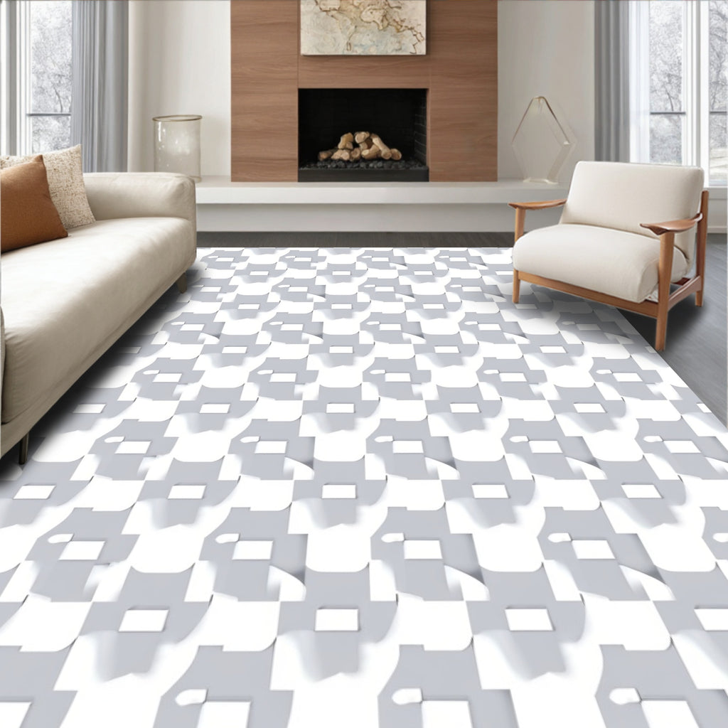 Modern White Interlocking Square Pattern Rug