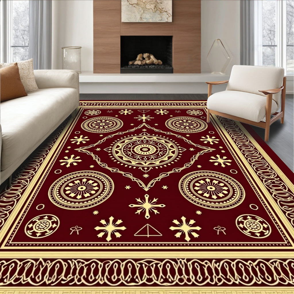Crimson Gold Medallion Starburst Border Rug