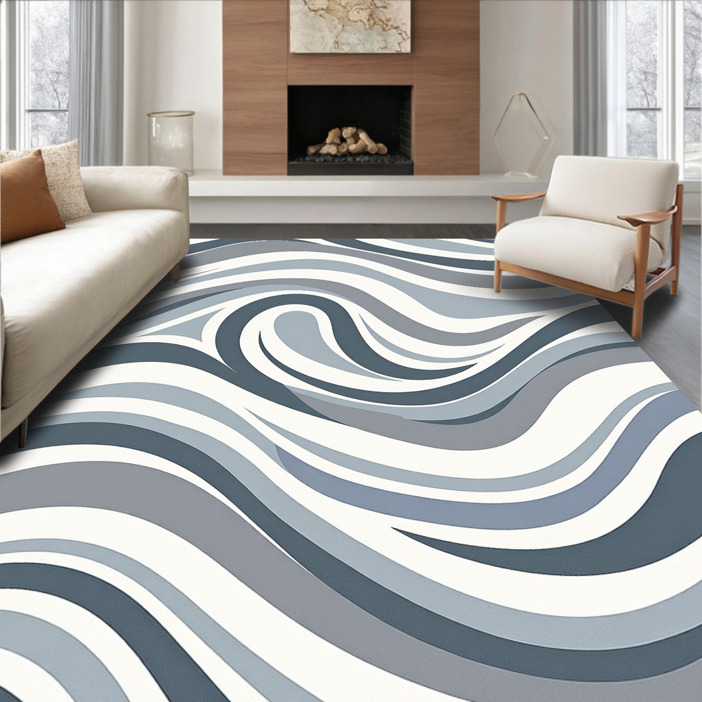 Abstract Blue Grey Wave Pattern Rug