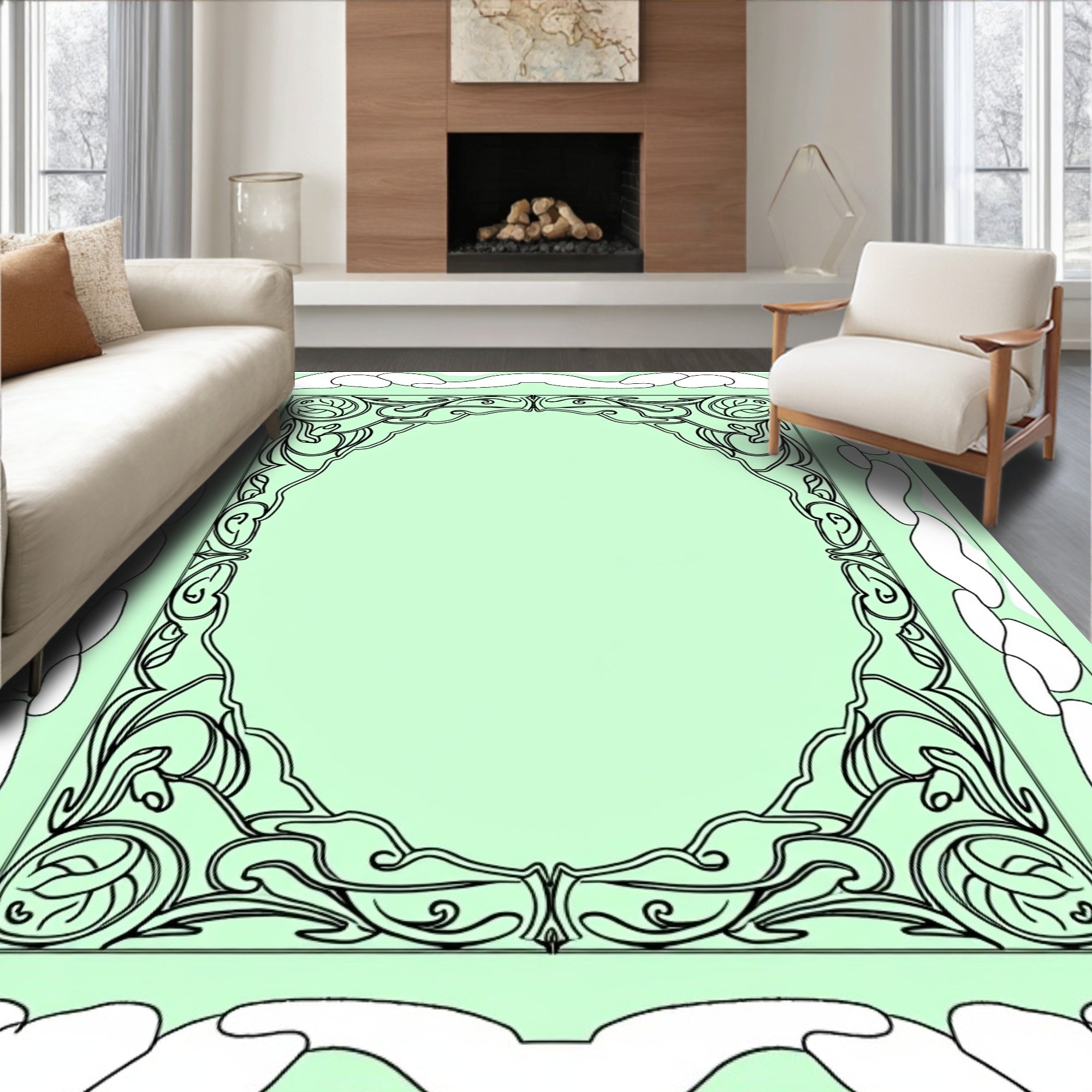 Art Nouveau Scrollwork Botanical Frame Rug