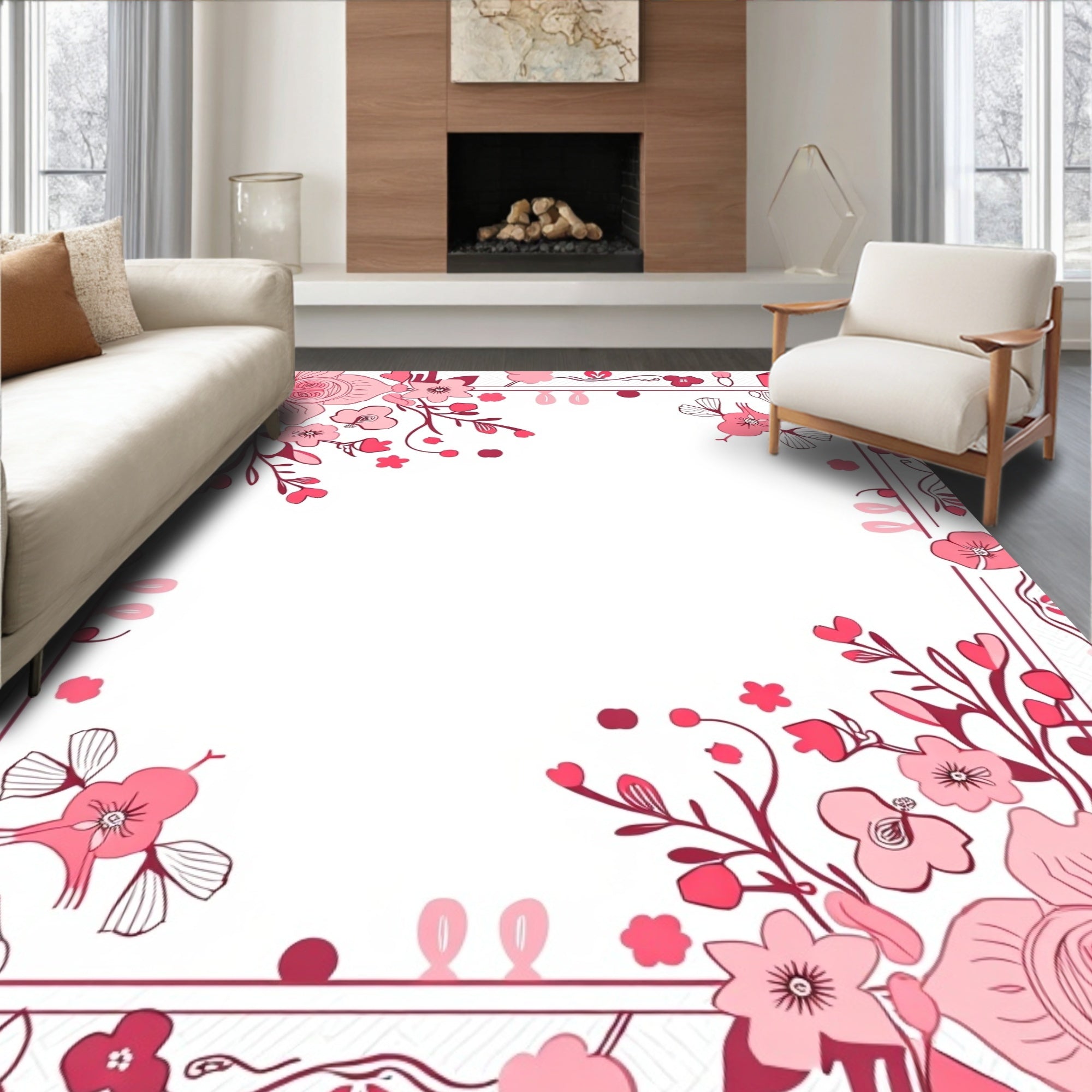 Pink Floral Border Design Rug