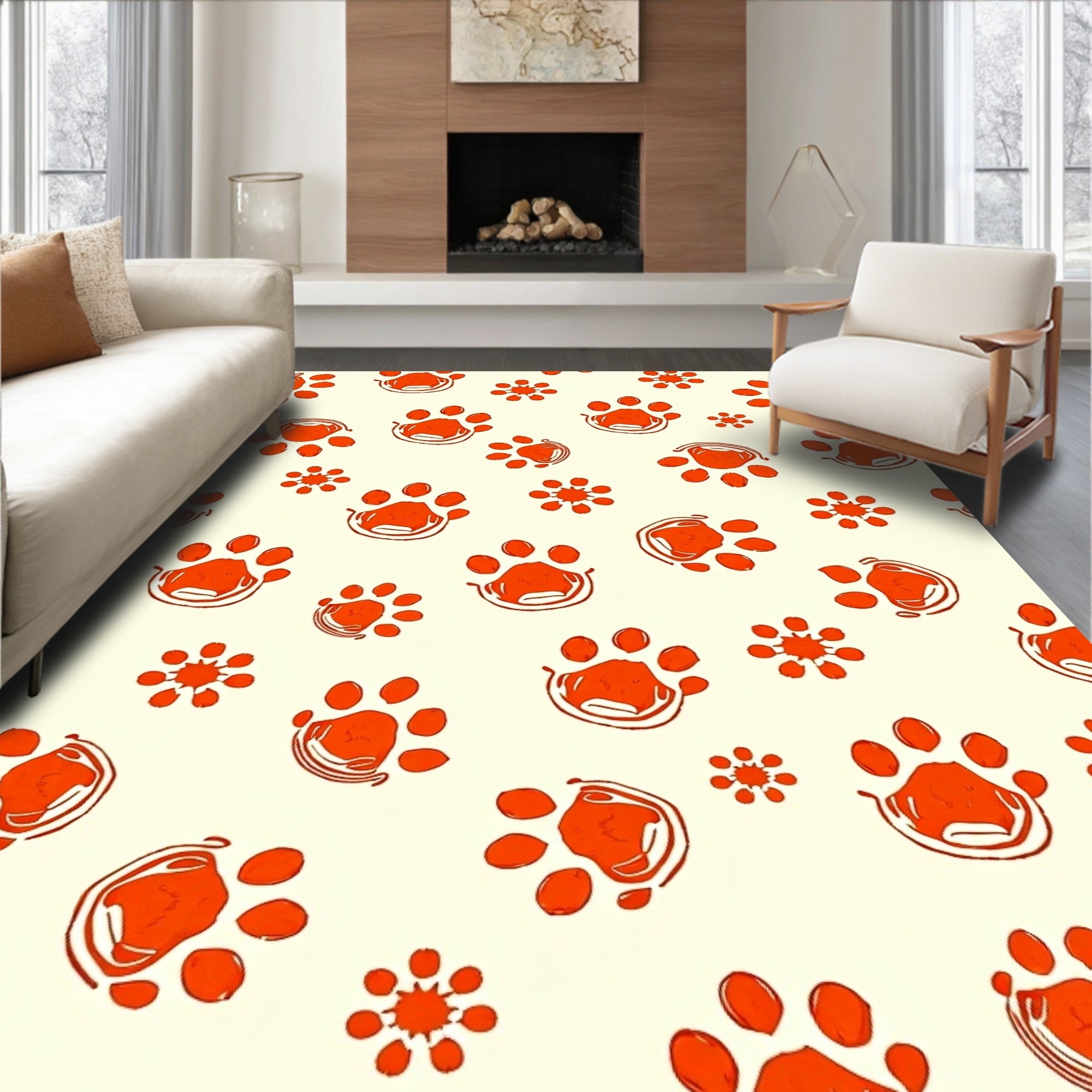 Orange Paw Print Graphic Pattern Rug