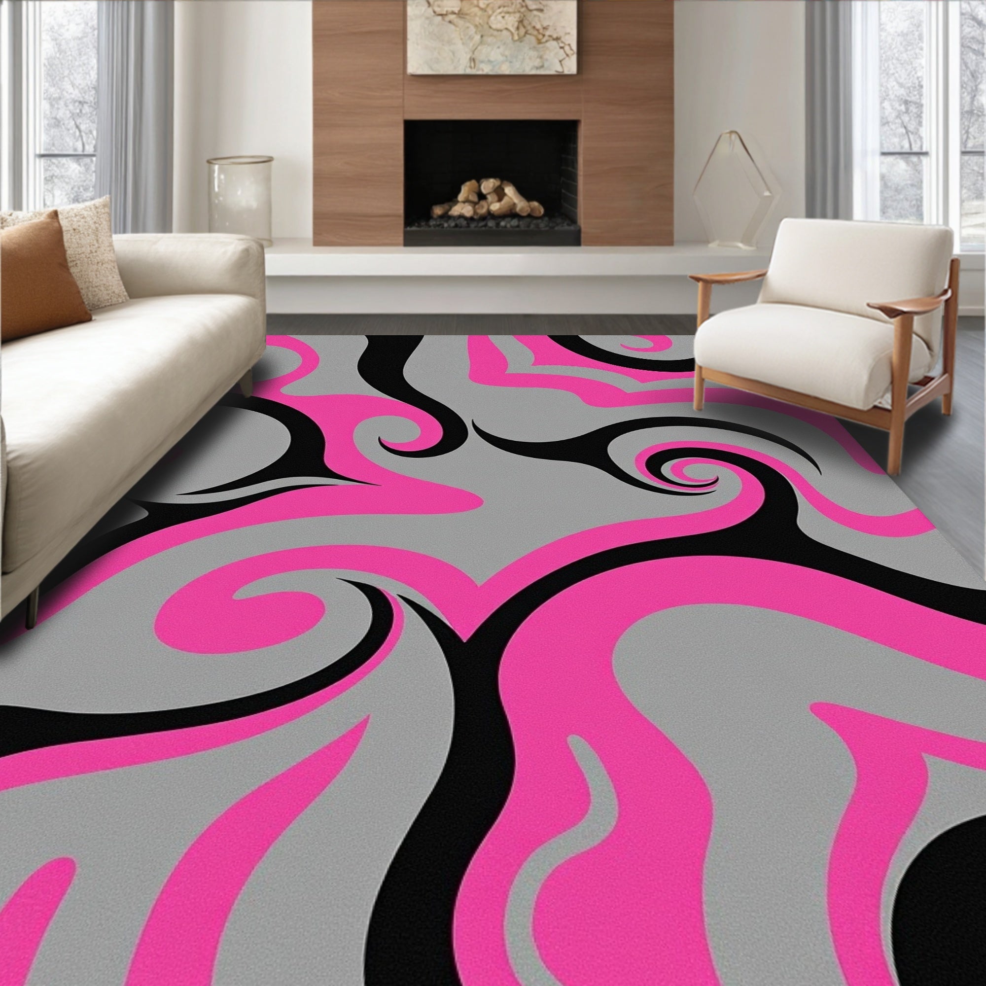 Modern Pink Black Swirl Pattern Rug