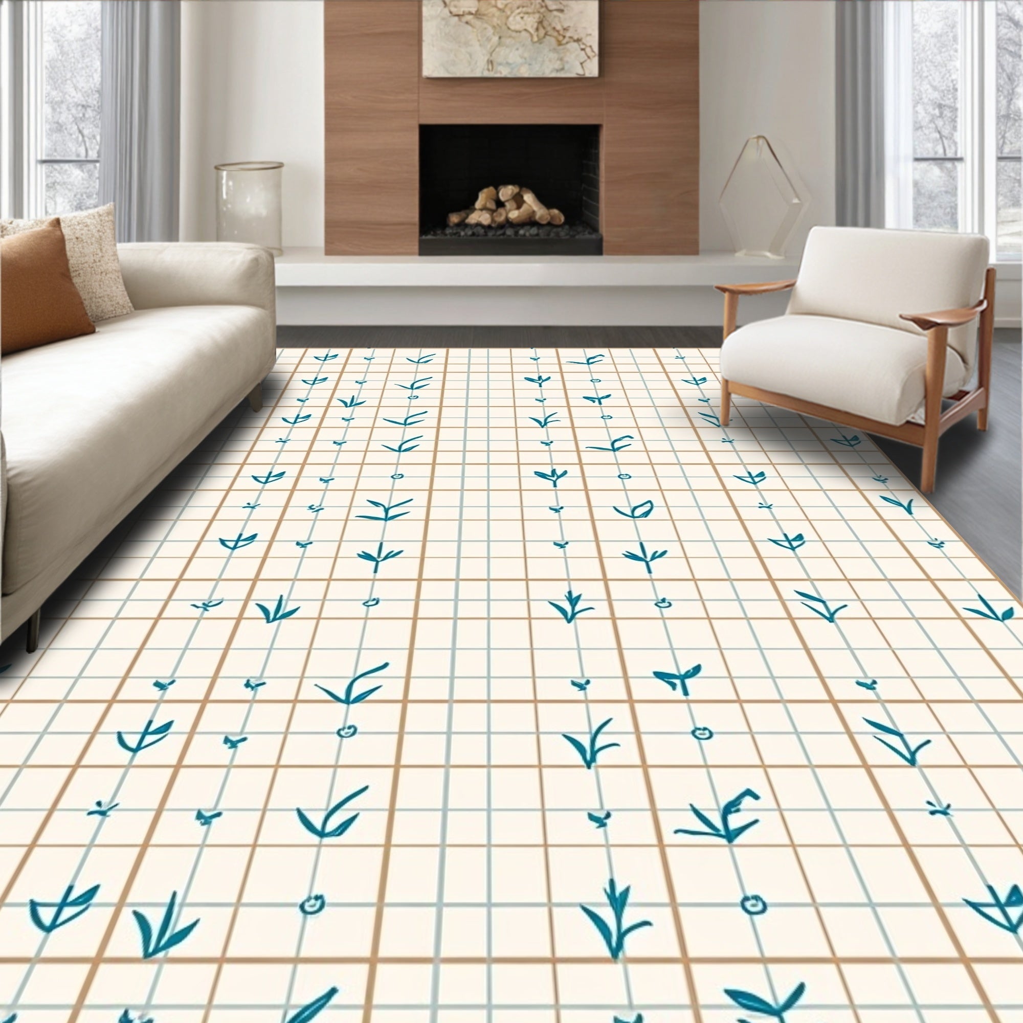 Minimalist Leaf Grid Pattern Rug