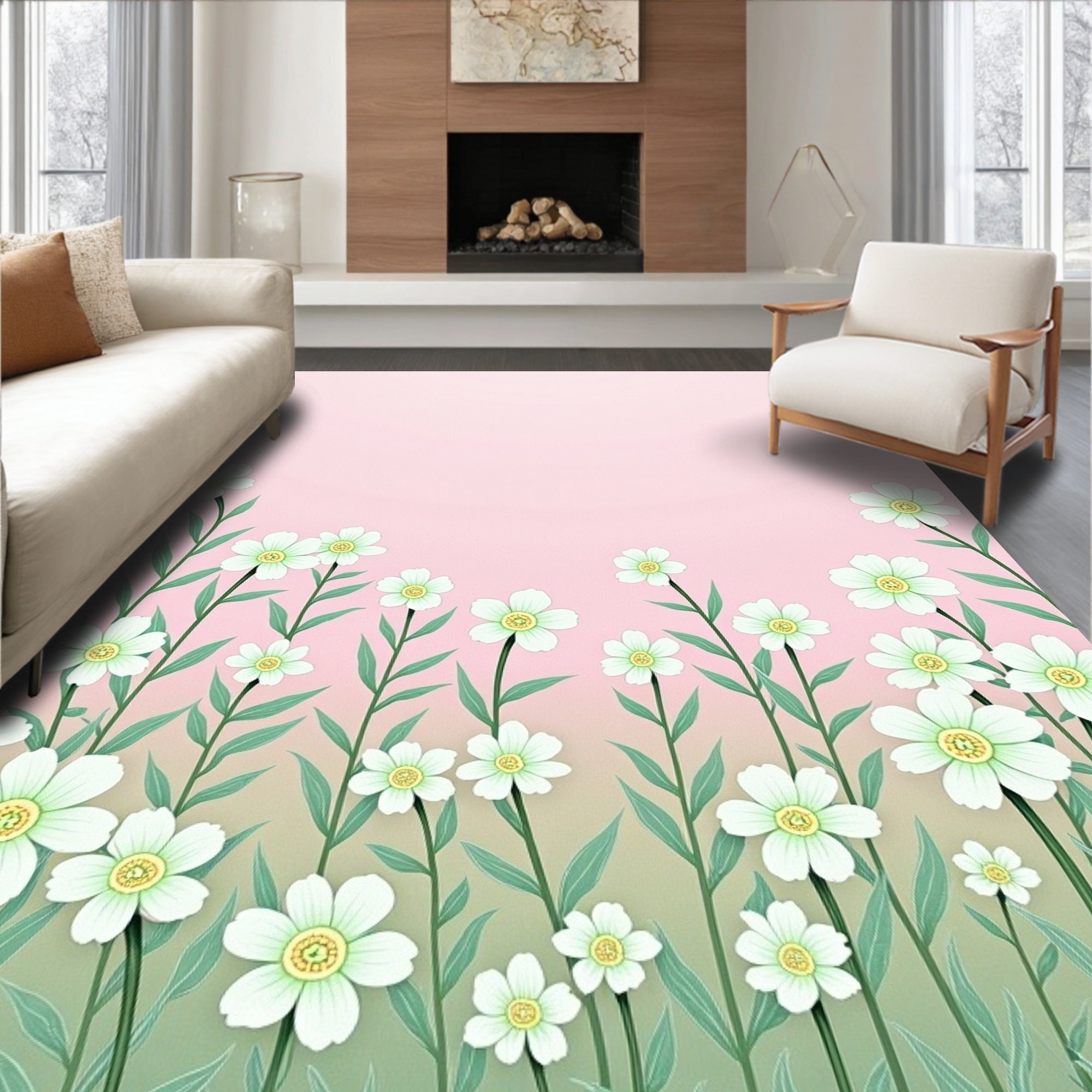 Delicate White Flower Garden Pattern Rug