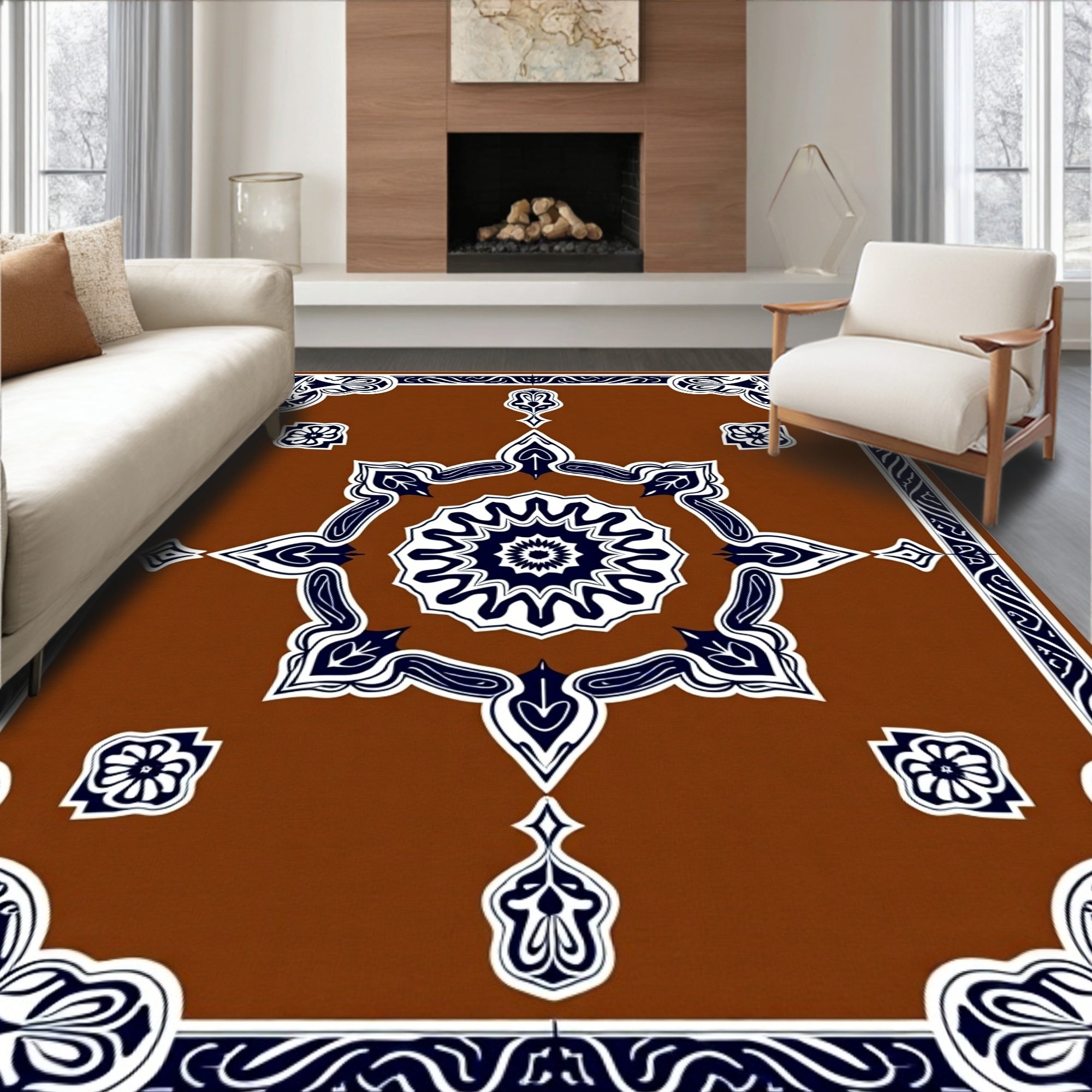 Intricate Starburst Brown Blue Ornament Dye Design Rug