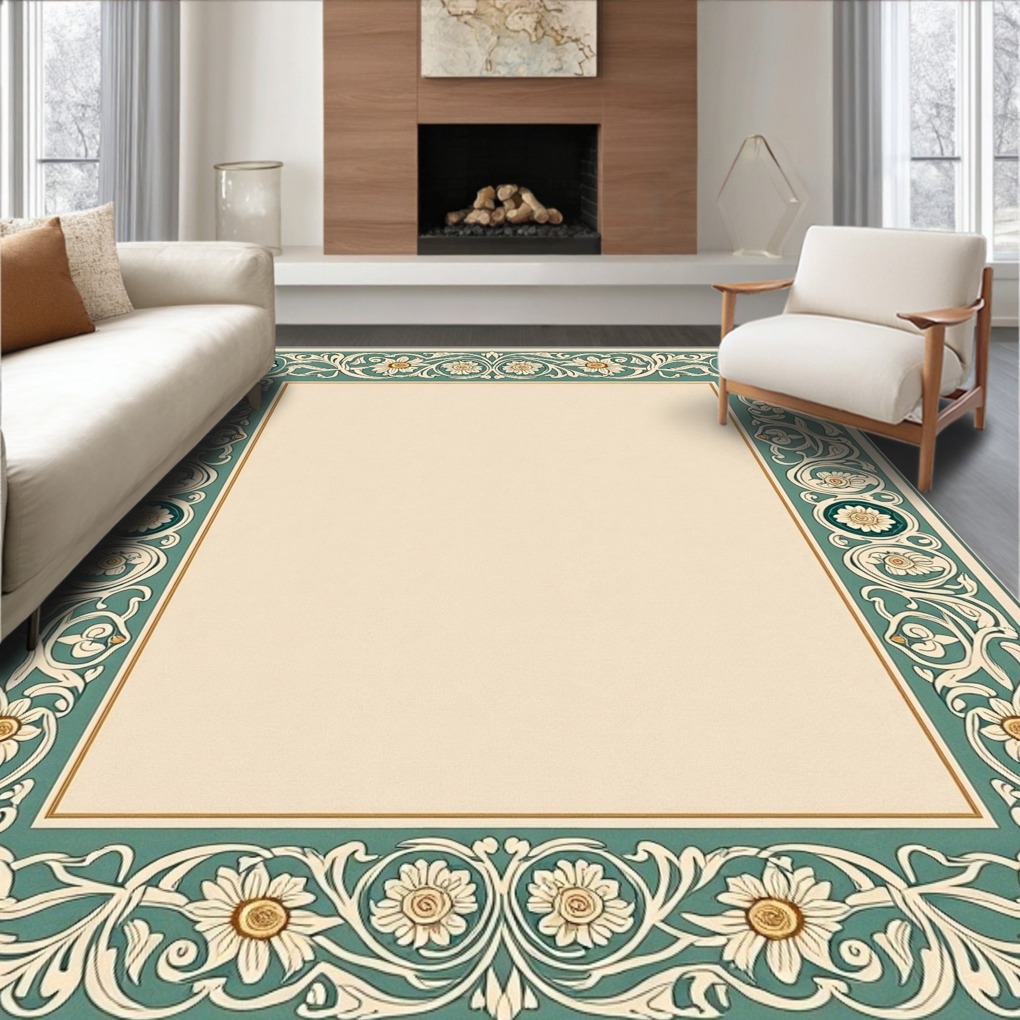 Ornate Floral Border Pattern Rug