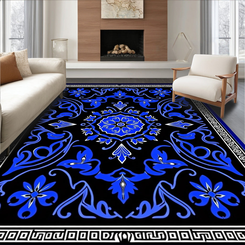 Royal Blue Floral Bordered Pattern Rug