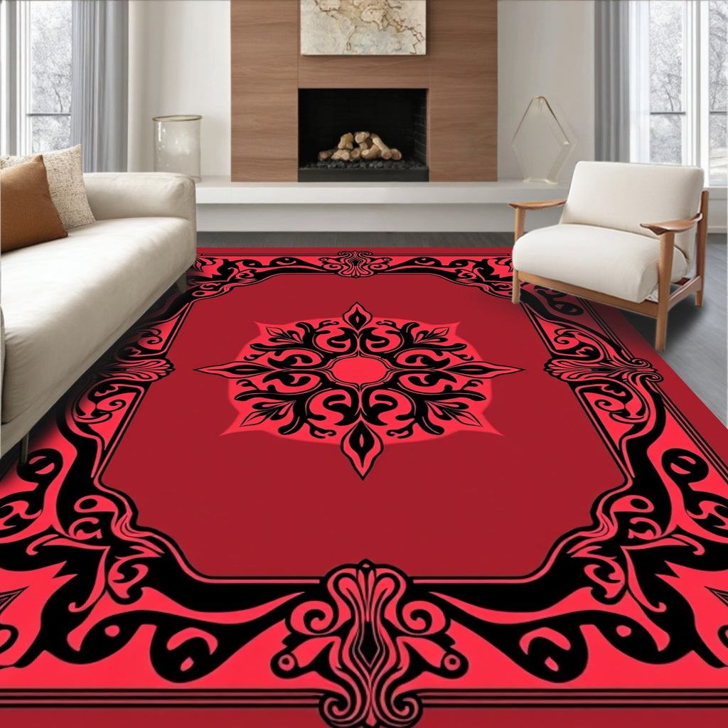 Elegant Black Floral Frame Red Print Rug