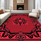 Elegant Black Floral Frame Red Print Rug