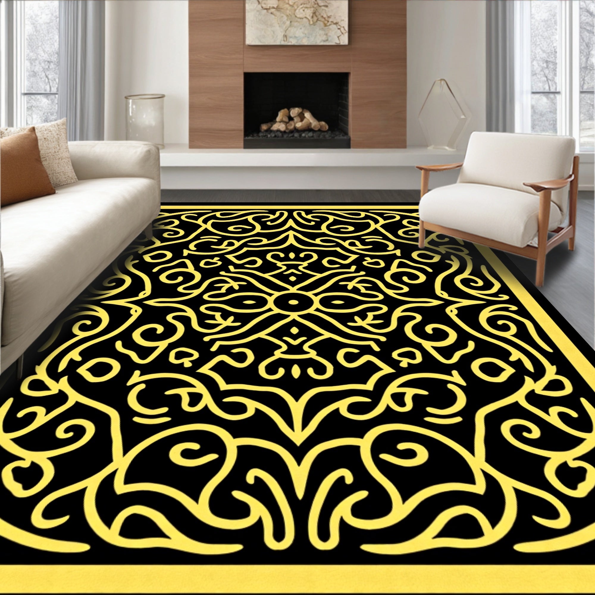 Classic Yellow Swirl Pattern Rug