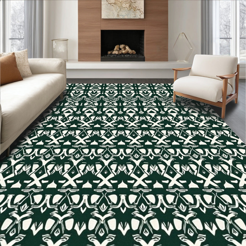 Dark Green White Symbolic Pattern Rug
