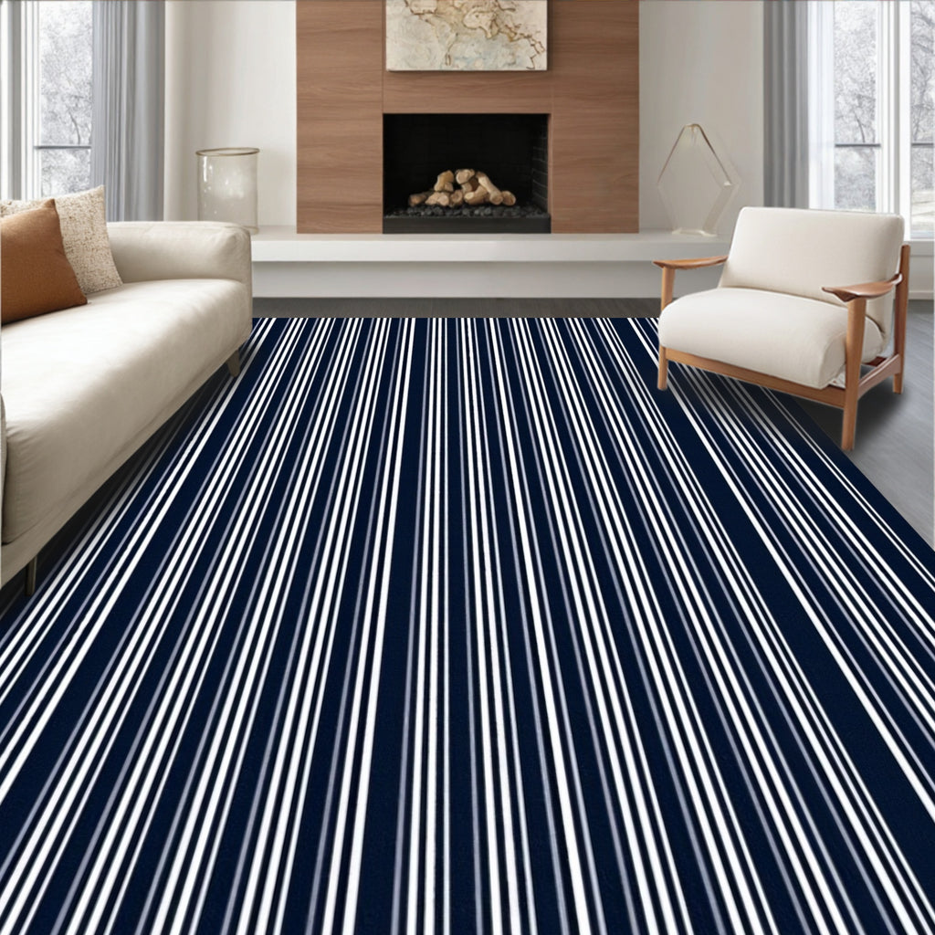 Classic Navy And White Striped Pattern Rug