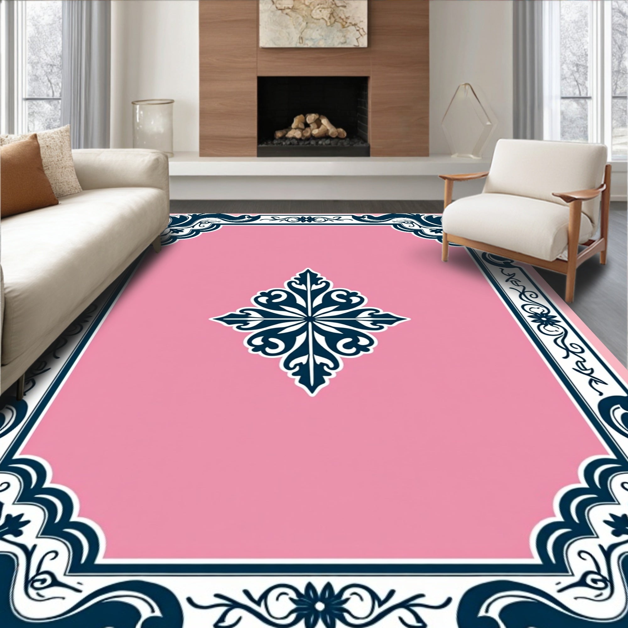 Victorian Blue Floral Frame Rug