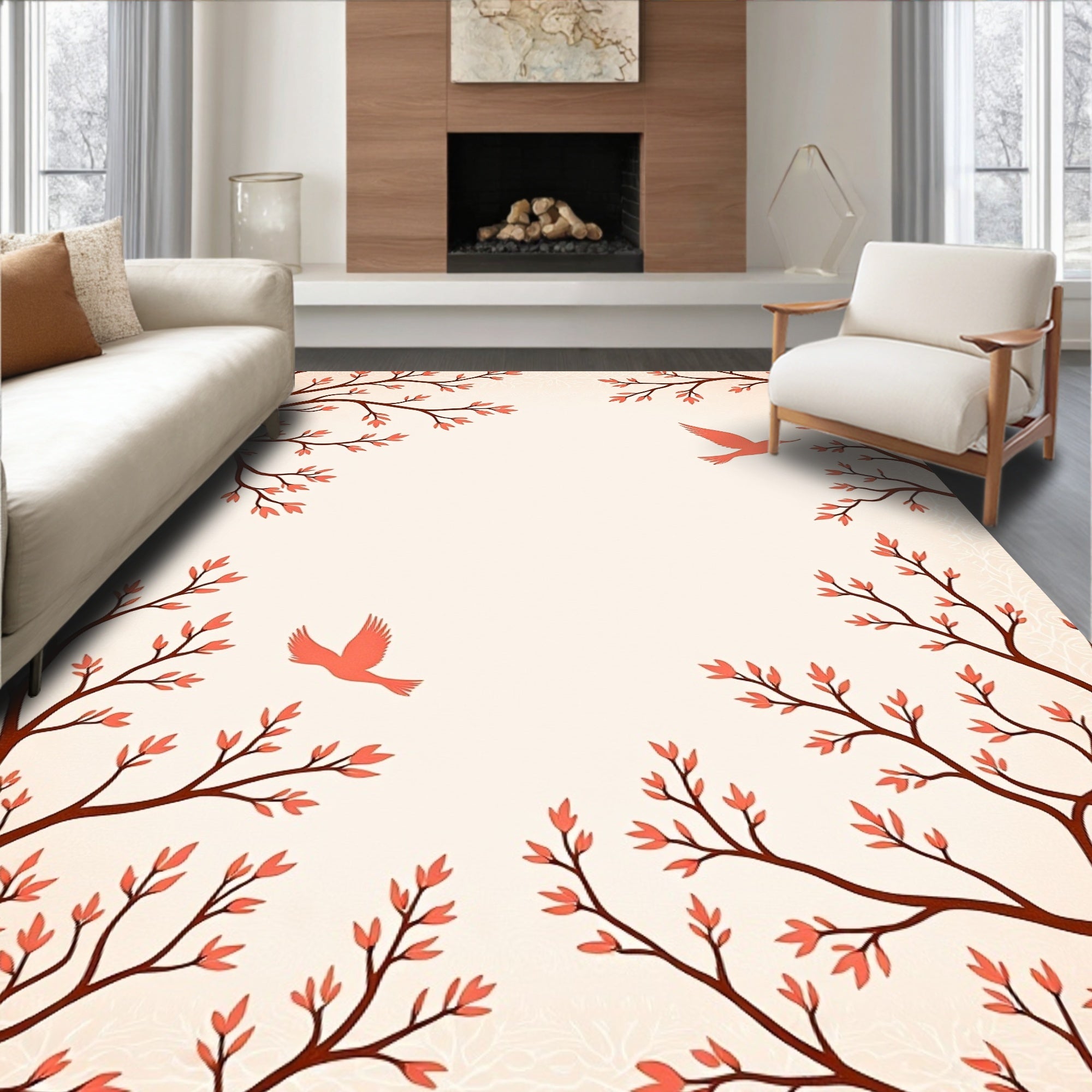 Floral Tree Branches With Birds Design Rug
