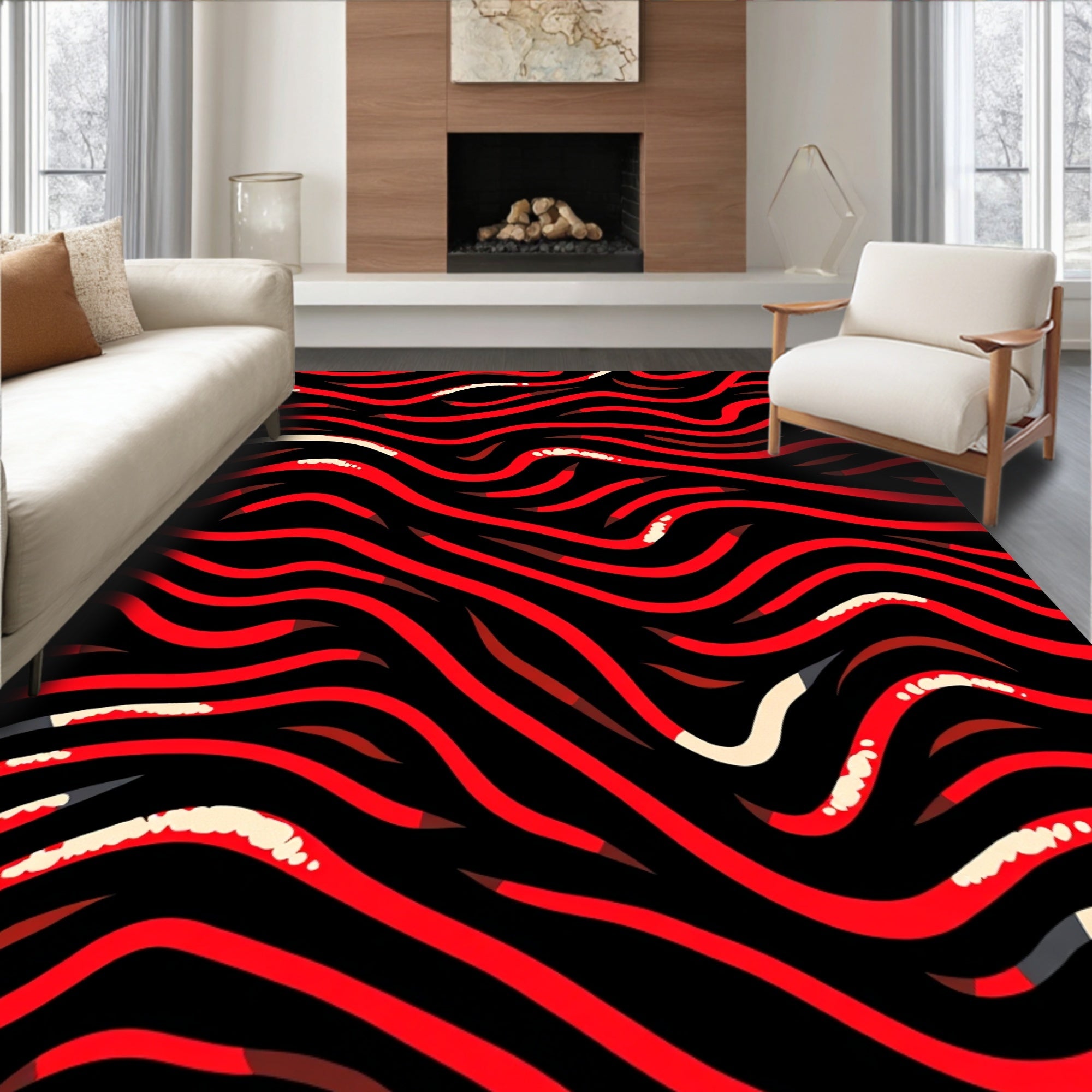 Bold Red Wave Pattern Rug