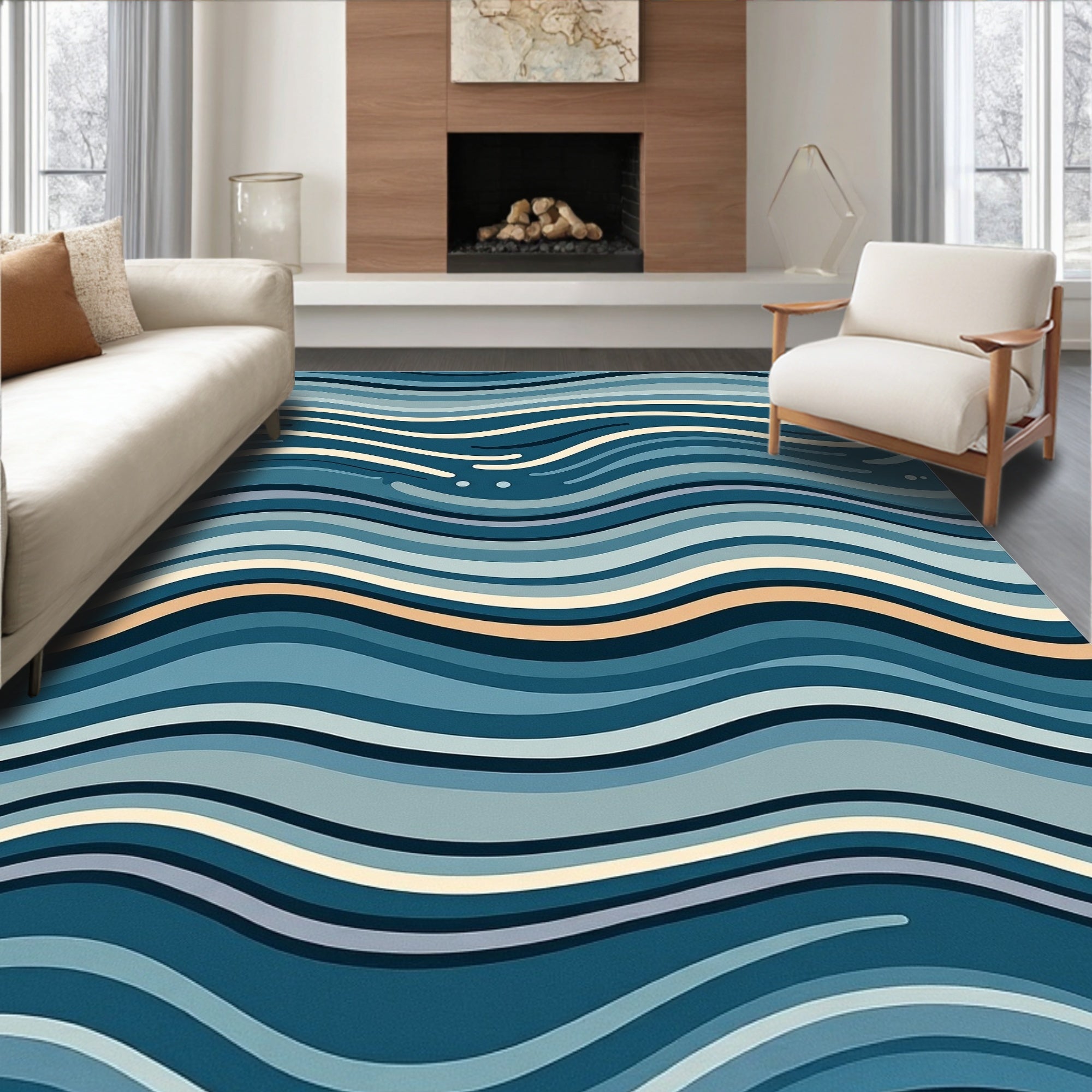 Abstract Blue Wave Pattern Design Rug