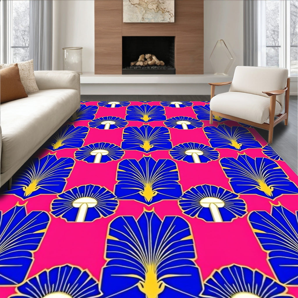 Royal Blue Fan Patterned Pink Rug