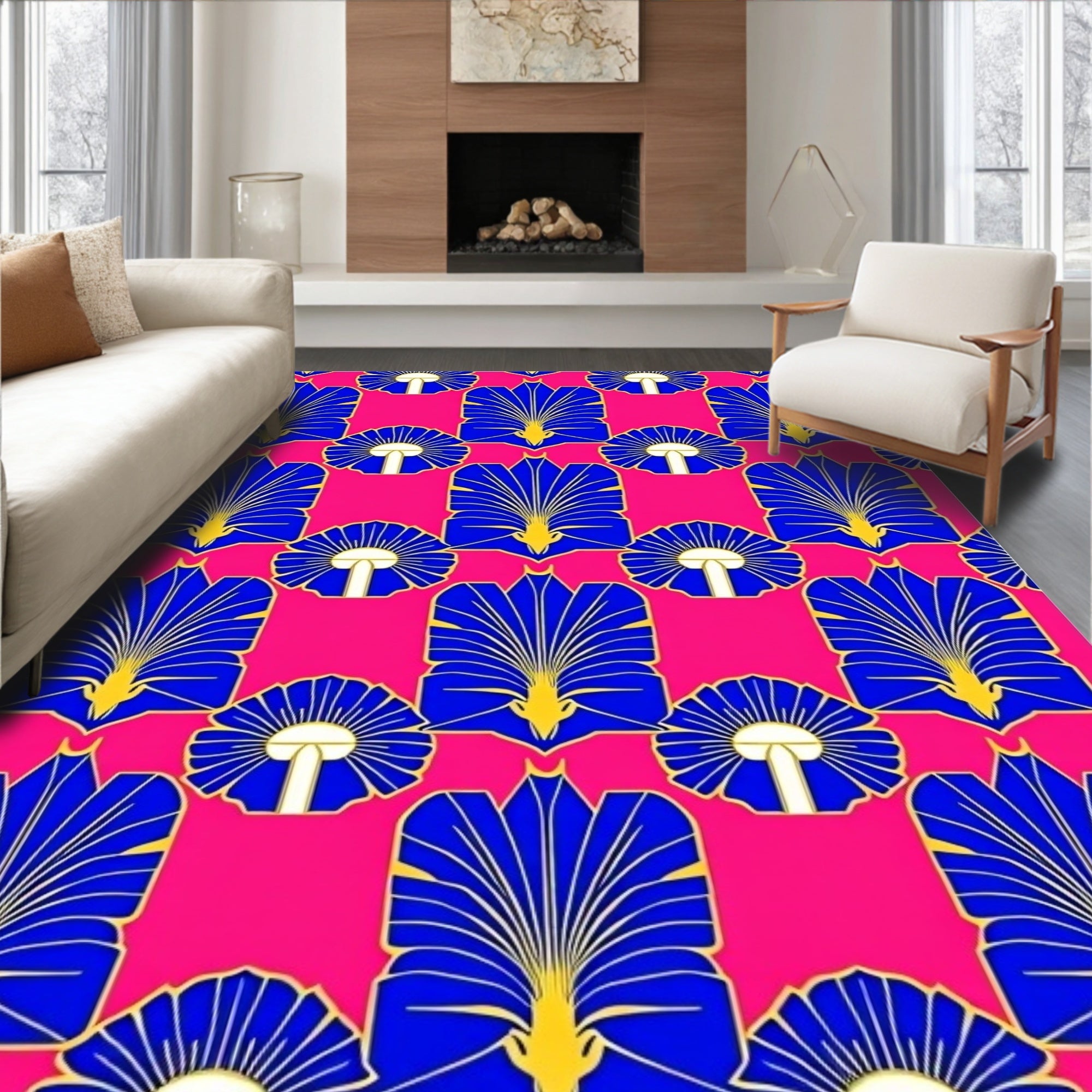 Royal Blue Fan Patterned Pink Rug