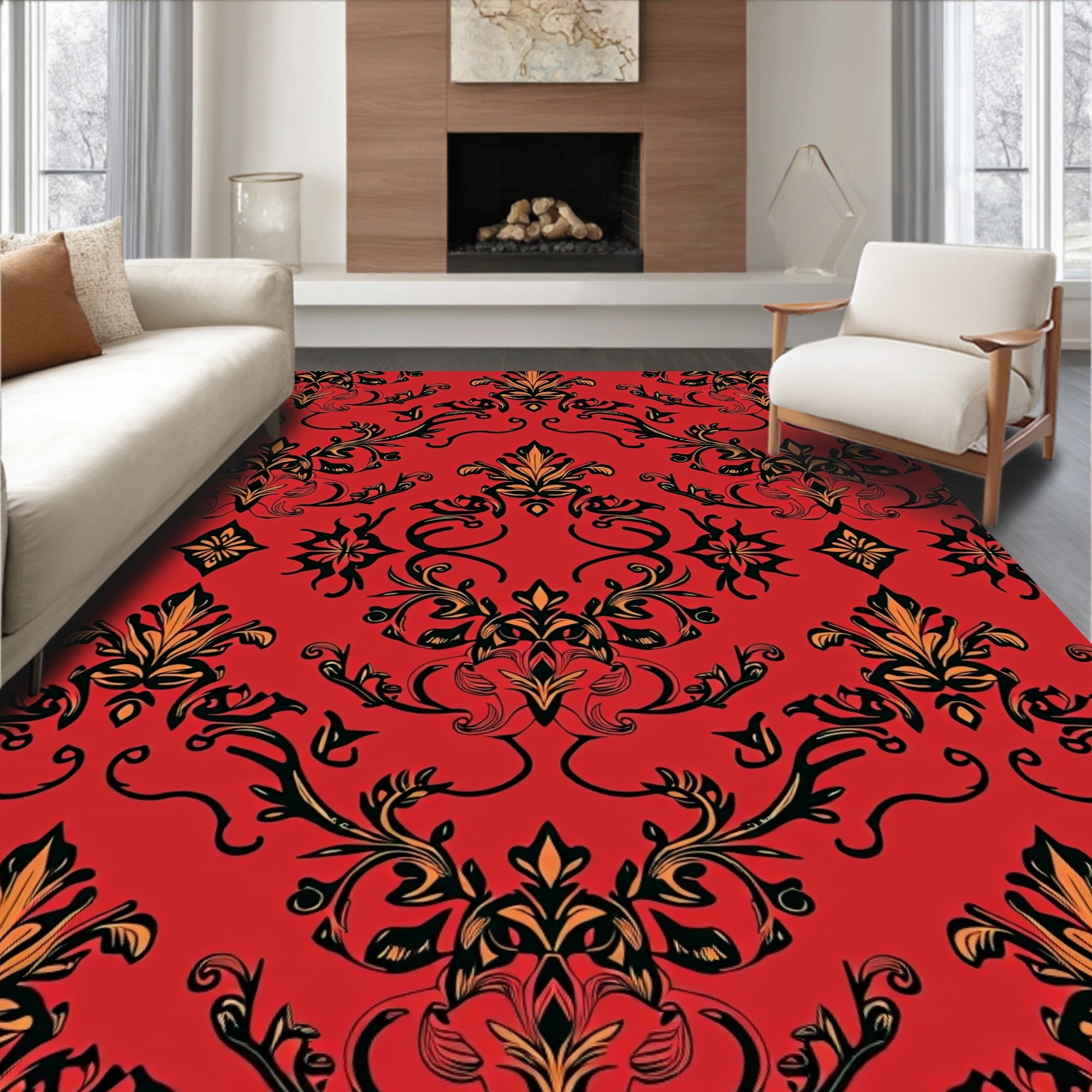 Ornate Red Black Gold Floral Pattern Rug