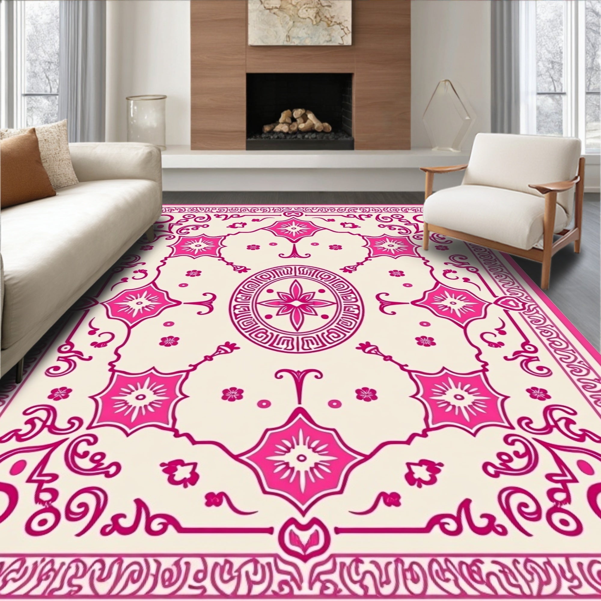 Intricate Floral and Geometric Pink Rug