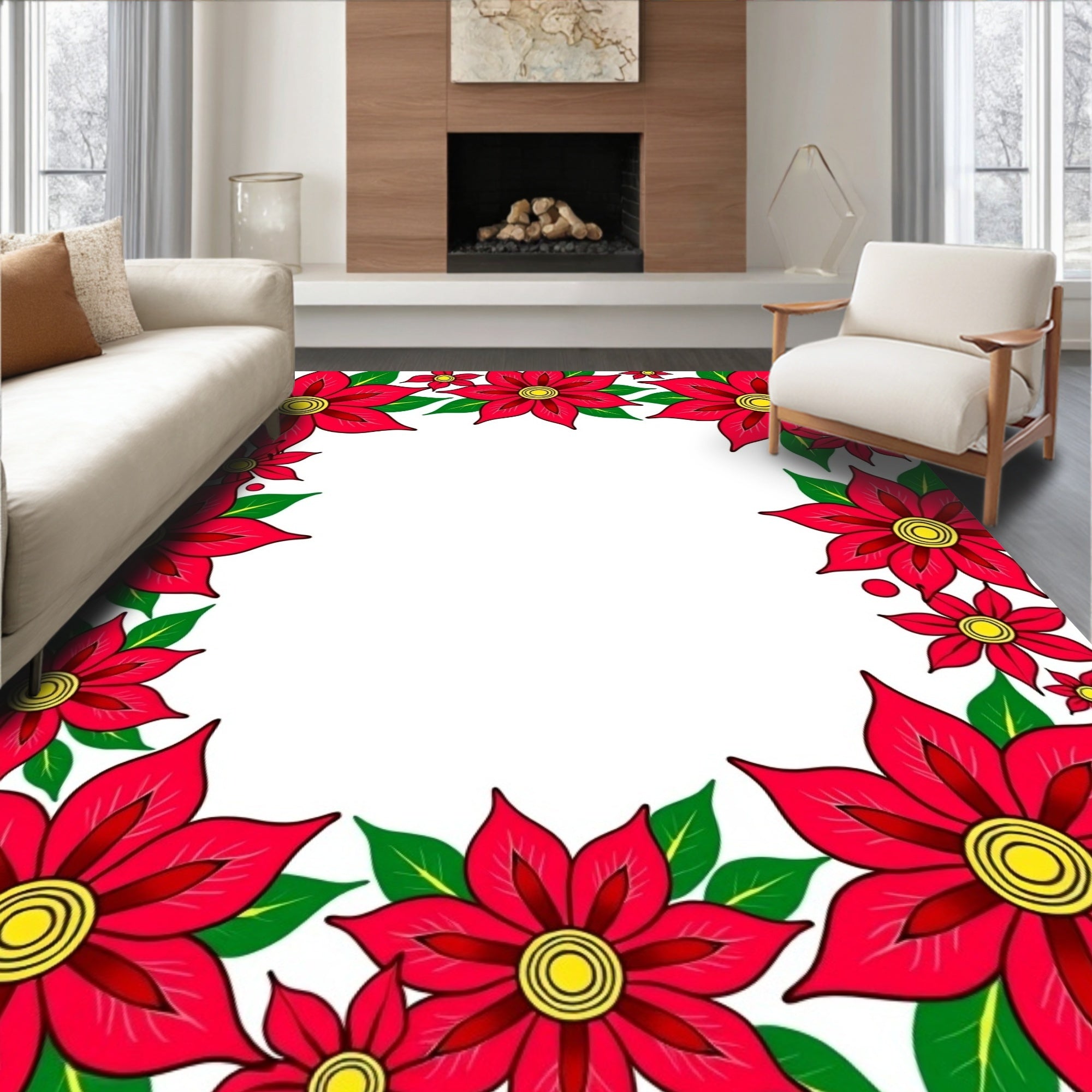 Vibrant Red Yellow Floral Border Rug